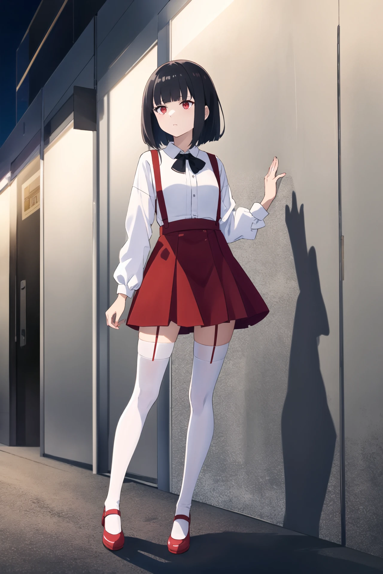 masterpiece, best quality, 1girl, solo, black hair, medium hair, red eyes, blunt bangs, petite, expressionless, red skirt, white legwear, thighhighs, suspender skirt, white shirt, mary janes, night, dark, shadow