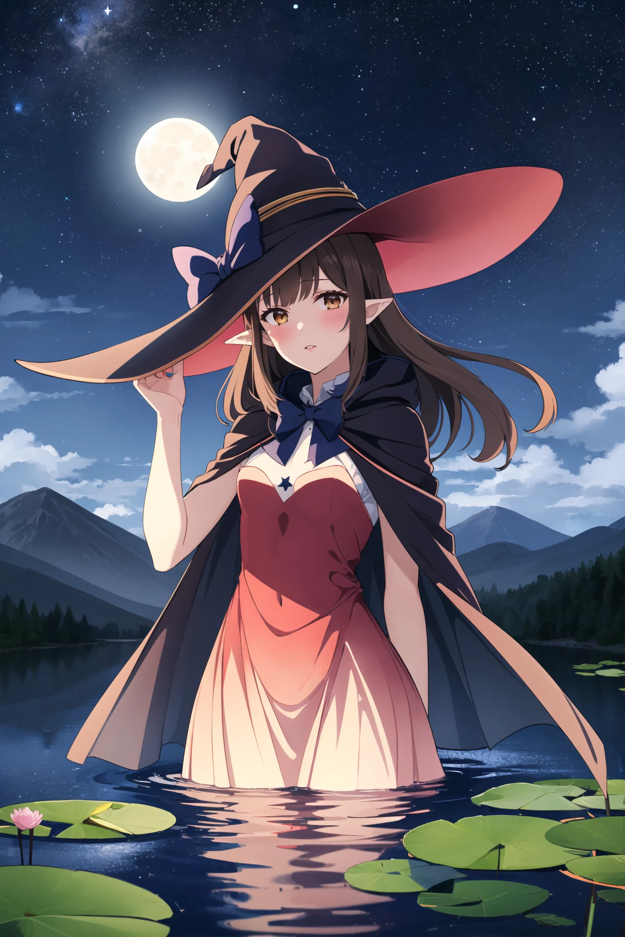masterpiece, best quality,1girl, adjusting clothes, adjusting headwear, blush, bow, bowtie, breasts, brown eyes, brown hair, cloak, cloud, cloudy sky, crescent moon, dress, fantasy, flower, glowing, glowing flower, hat, light particles, lily pad, long hair, looking at viewer, moon, moonlight, mountain, mountainous horizon, night, outdoors, parted lips, pointy ears, pond, sky, small breasts, star (sky), starry sky, very long hair, wading, water lily flower, wind, witch, witch hat