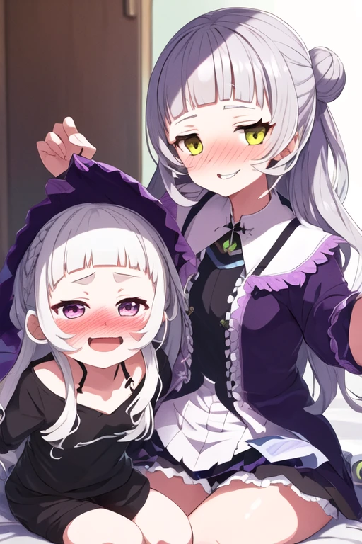light smile, 1girl, (masterpiece, best quality), murasaki shion, virtual youtuber, blunt bangs, hair bun, flat chest, silver hair, nose blush,