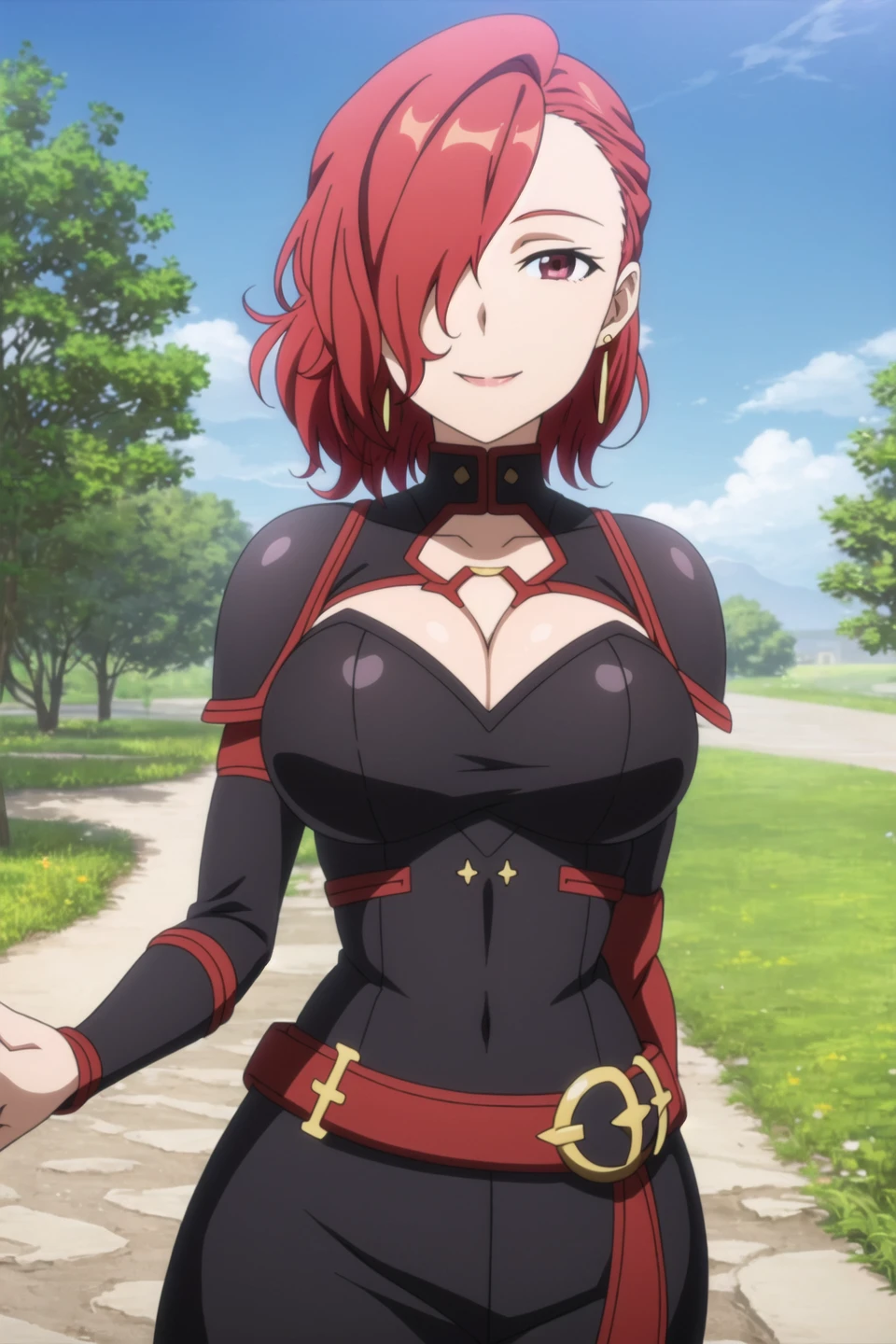 rosalia, anime art style, 1girl, solo, breasts, smile, short_hair, cleavage, jewelry, closed_mouth, closed_eyes, upper_body, red_hair, earrings, outdoors, sky, day, armor, hair_over_one_eye, facing_viewer