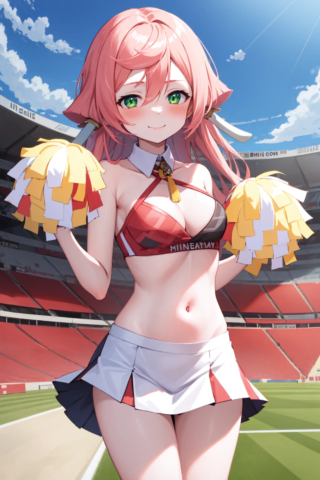 masterpiece, best quality, ultra-detailed, 1girl, yanfei, pink hair, green eyes, long hair, smile, cheerleader, crop top, navel, miniskirt, white skirt, standing, outdoors, stadium, blue sky, holding pom poms, pom pom \(cheerleading\), <lora:yanfeiV1:0.7> <lora:cheerleaderOutfitV2>
