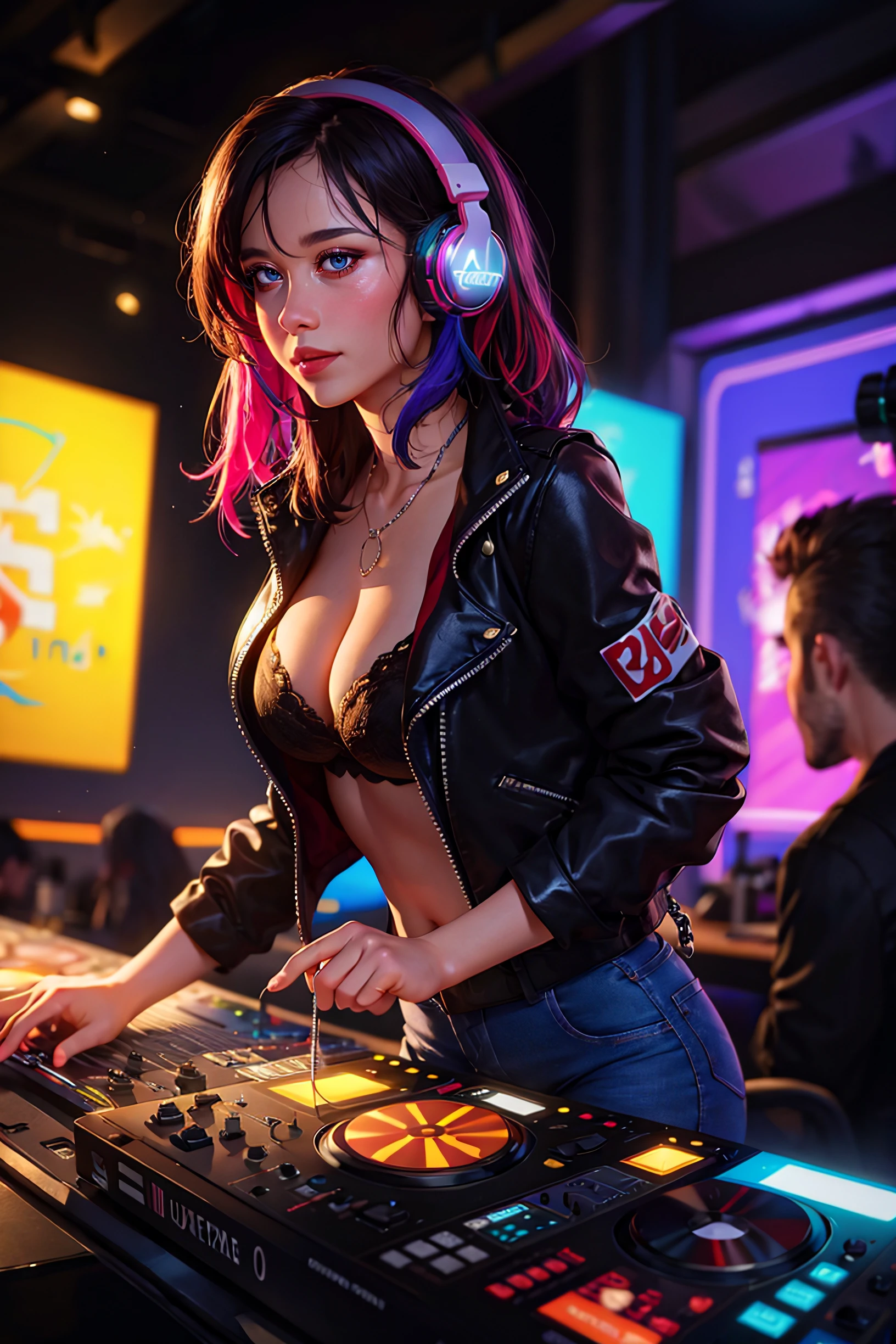 upper body, female dj, colorful clothes , quirky, vibrant appearance, playful accessories, creative behavior, imaginative, sensual, sexy, smiling softly, sweaty, spontaneous, focused, happy, (goth girl braided ponytail), (bangs:0.4), dj headphones, cleavage, beautiful eyes, mixing console, music club, night club, indie theaters, people dancing on the dance floor background, underground danceclub,, photorealistic, photo, masterpiece, realistic, realism, photorealism, high contrast, photorealistic digital art trending on Artstation 8k HD high definition detailed realistic, detailed, (skin texture), hyper detailed, realistic skin texture, armature, best quality, ultra high res, (photorealistic:1.4), (multicolored lights), ((blacklight)), (lasers), high resolution, detailed, raw photo, sharp re, by lee jeffries nikon d850 film stock photograph 4 kodak portra 400 camera f1.6 lens rich colors hyper realistic lifelike texture dramatic lighting unrealengine trending on artstation cinestill 800, <lora:Blacklight_v1:0.7>, <lora:darkKukiv1:0.7>,