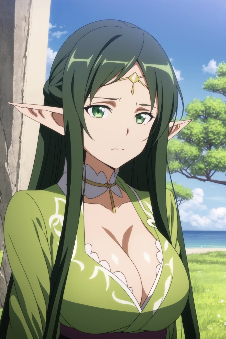 sakuya, anime art style, 1girl, solo, long_hair, breasts, cleavage, medium_breasts, very_long_hair, closed_mouth, green_eyes, upper_body, sidelocks, outdoors, green_hair, pointy_ears, frown, hair_tubes, elf, fantasy, ear_covers, dark_green_hair