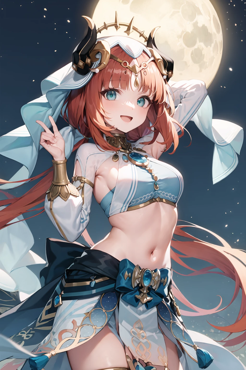 (Realistic painting style:0.9), masterpiece, best quality,  absurdres, nilou (neither flower nor mist) (genshin impact), aqua eyes, nilou (genshin impact), fake horns, 1girl, solo, red hair, veil, smile, moon, long hair, crop top, jewelry, horns, night, bracer, brooch, long sleeves, puffy long sleeves, looking at viewer, skirt, bangs, twintails, water, puffy sleeves, sky, neck ring, open mouth, :d, full moon, night sky, flower, harem outfit, gold trim, parted bangs, arm up, breasts, circlet, outdoors, blue skirt, hair ornament, detached sleeves, low twintails, floating hair, gem, hair flower, blue gemstone, hand up, dancer, white headwear, small breasts, stomach, midriff, cowboy shot, blue bow, very long hair
 <lora:nilou_1024_Lion_dim64_kohyaLoRA_fp32_3e-2noise_token2_20-3-2023:1>