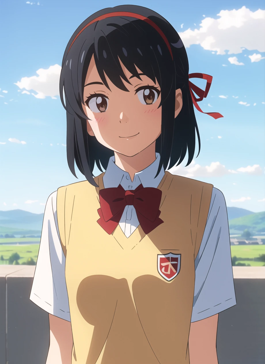 shinkai makoto, kimi no na wa., 1girl, bangs, black hair, blue sky, blush, bow, bowtie, brown eyes, cloud, collared shirt, hair ribbon, hairband, looking at viewer, negative space, outdoors, red bow, red bowtie, red hairband, red ribbon, ribbon, school uniform, shirt, short hair, sky, smile, solo, sweater vest, upper body, vest, white shirt, yellow sweater vest, yellow vest <lora:shinkai_makoto_offset:1>