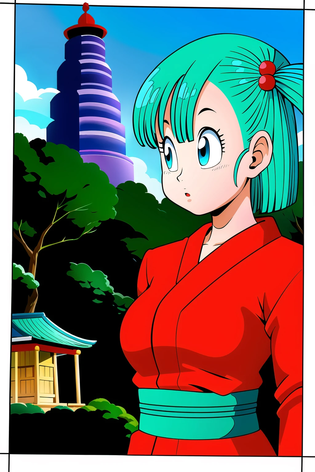 best quality, masterpiece, bulma, ((upper body, head turned to the side)), japanese forest with a shrine in the background,daytime, standing, (small breasts:1.5), <lora:bulma_v1_1:0.9>, medium hair, (one side up), aqua hair, kimono