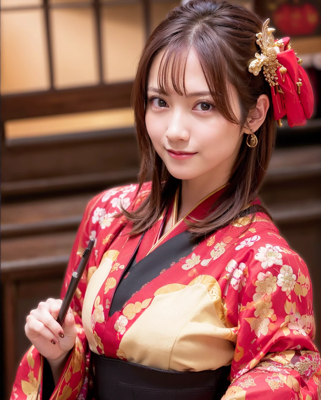 best quality, photorealistic, 8k, high res, 1girl, woman, (skindentation), (professional lighting), (portrait:0.6), (red kimono dress:2), gorgeous, ((black hair)), (medium hair:1.4), (floating hair:1.6), (1girl eyes looking at viewer:1.5), ((looking at viewer:1.6)), (looking at the camera), photorealistic, (bokeh), (portait:0.6), (dynamic pose:1.2), masterpiece, intricate, realistic, sharp focus, award-winning photograph, sfw, (smile:1.4),  <lora:nashiko-3750:0.76>