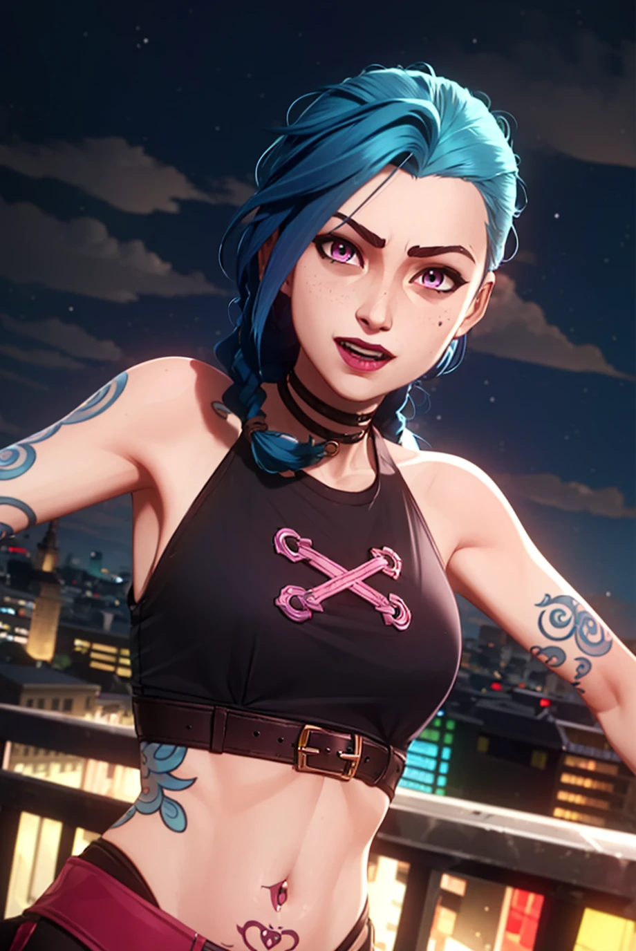 arcane style,

1girl, arm tattoo, asymmetrical bangs, bangs, blue hair, braid, brown shirt, cloud tattoo, looking at viewer, laughing, crazy, uncontrollable laugh, mad look, night, city, green hair, long hair, midriff, pink eyes, red lips, shirt, solo, standing, tattoo, twin braids, upper body, arcane jinx, jinx \(league of legends\)

<lora:arcane_offset:1>