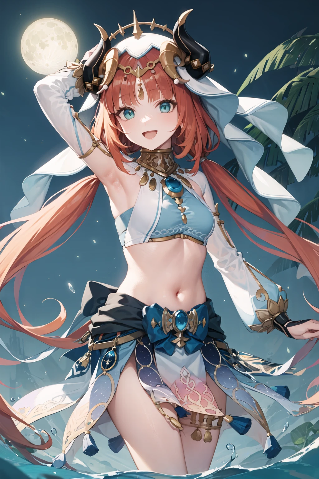 (Realistic painting style:1.1), masterpiece, best quality,  absurdres, nilou (neither flower nor mist) (genshin impact), aqua eyes, nilou (genshin impact), fake horns, 1girl, solo, red hair, veil, smile, moon, long hair, crop top, jewelry, horns, night, bracer, brooch, long sleeves, puffy long sleeves, looking at viewer, skirt, bangs, twintails, water, puffy sleeves, sky, neck ring, open mouth, :d, full moon, night sky, flower, harem outfit, gold trim, parted bangs, arm up, breasts, circlet, outdoors, blue skirt, hair ornament, detached sleeves, low twintails, floating hair, gem, hair flower, blue gemstone, hand up, dancer, white headwear, small breasts, stomach, midriff, cowboy shot, blue bow, very long hair
 <lora:nilou_1024_Lion_dim64_kohyaLoRA_fp32_3e-2noise_token2_20-3-2023:1>