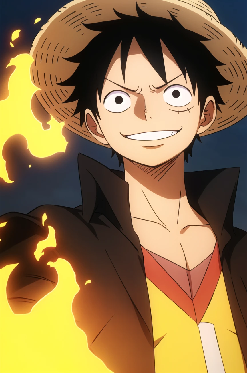 1boy, wanostyle, monkey d luffy, smiling, straw hat, looking at viewer, solo, upper body, ((masterpiece)), (best quality), (extremely detailed), depth of field, sketch, dark intense shadows, sharp focus, soft lighting, hdr, colorful, good composition, fire all around, spectacular, closed shirt, anime screencap, scar under eye, ready to fight, black eyes <lora:wanostyle_2_offset:1>