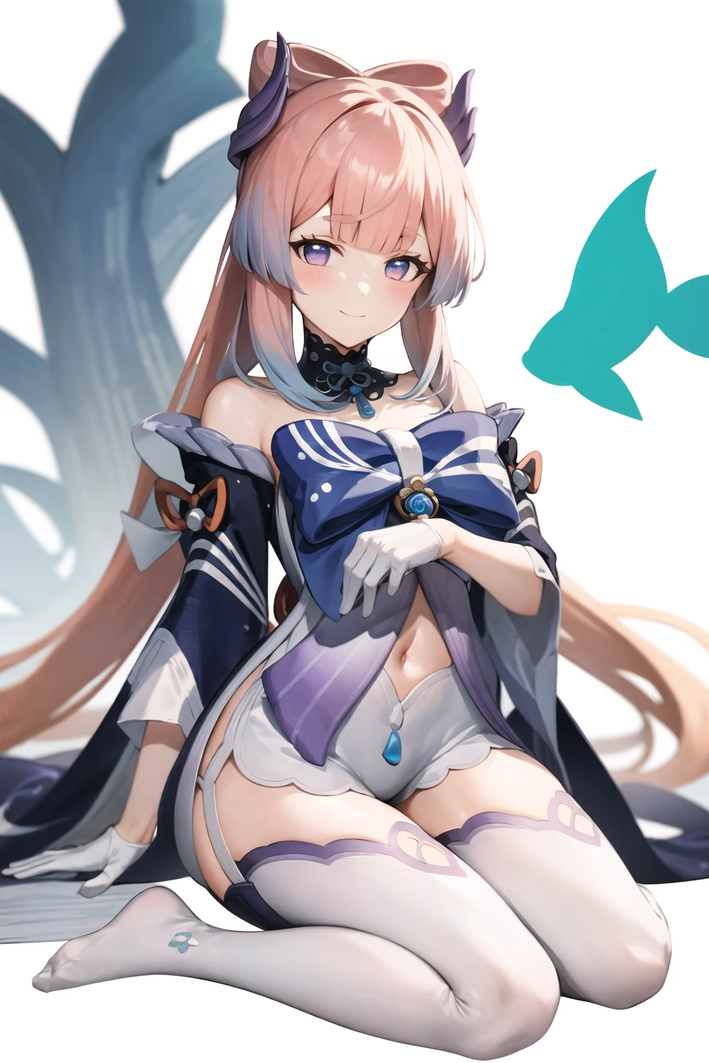 (Realistic painting style:0.9), masterpiece, best quality, absurdres, looking at viewer, solo, sangonomiya kokomi (sparkling coralbone), no pupils, sangonomiya kokomi, 1girl, solo, pink hair, bow-shaped hair, long hair, sitting, looking at viewer, gloves, bare shoulders, water, bangs, multicolored hair, no shoes, white gloves, smile, purple eyes, wide sleeves, bow, blue hair, socks, gradient hair, full body, frilled sleeves, fish, white background, thighs, legs, jellyfish, blunt bangs, frills, blush, closed mouth, blue eyes, long sleeves, detached sleeves, knees up, very long hair, feet, vision (genshin impact), hair ornament, water drop, colored tips, white socks, shorts, (large :1.2), white thighhighs
<lora:kokomi_1024_Adam8_dim64_kohyaLoRA_fp32_8e-2noise_token2_24-3-2023:1>
