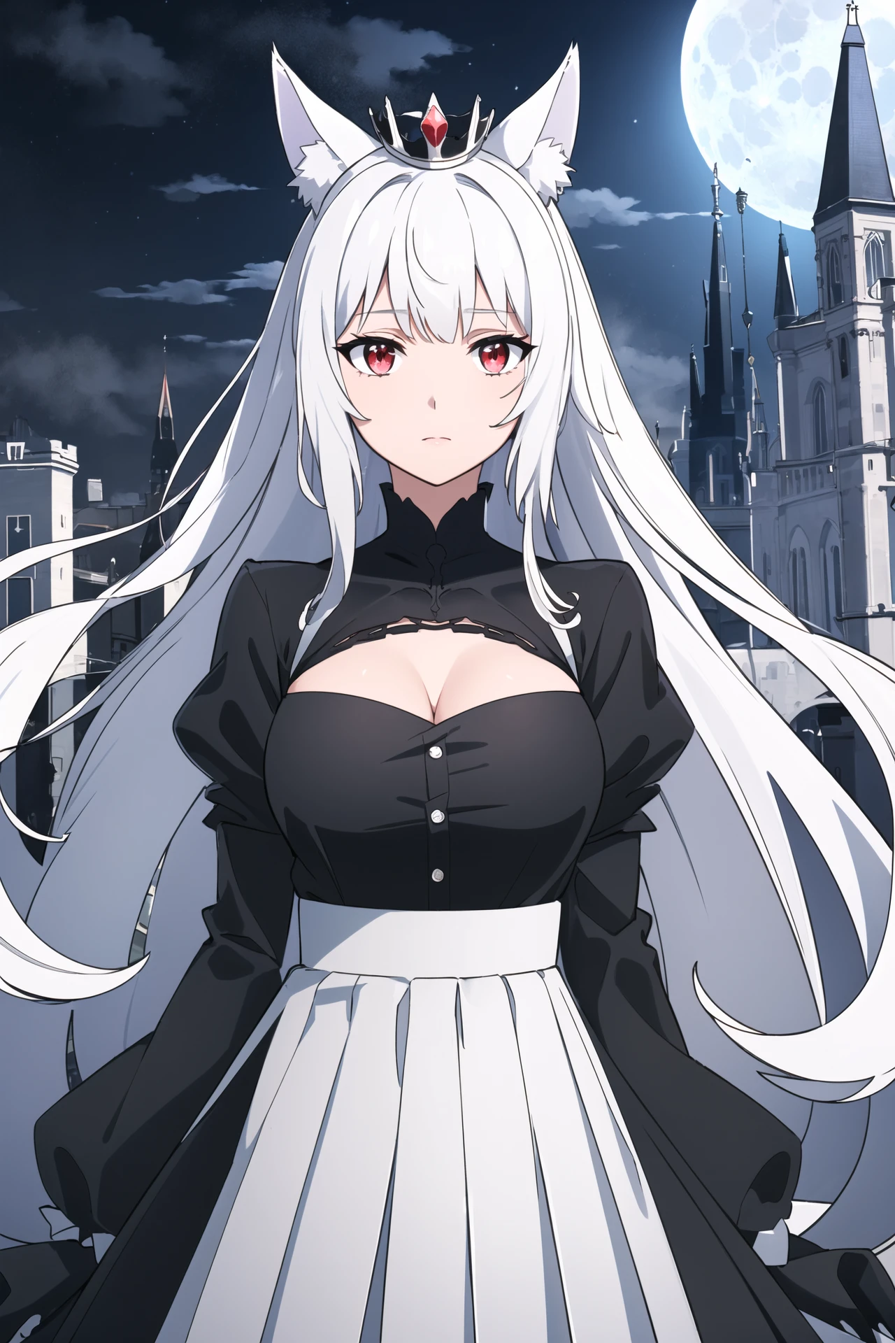 best quality, extremely detailed CG unity 8k,close up, illustration, depth of field,cowboy shot,the character is centered,symmetrical composition, (1 girl),red eyes,Wolf tail,Wolf ears,Very long hair ,Messy hair,disheveled hair, ,(beautiful detailed eyes),(Crown:1.1),pleated dress,puffy long sleeves, (moon:1.2), ((The black clouds)),(((flowing transparent black))),(floating black cloud:1.2),building architecture, depth of field,castle,black and white melt