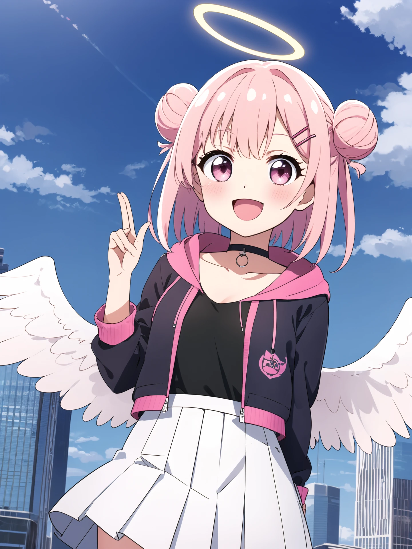 masterpiece, best quality, 1girl, solo, looking_at_viewer, smile, open_mouth, skirt, shirt, hair_ornament, pink_hair, jacket, pink_hair, :d, multicolored_hair, pleated_skirt, wings, choker, hairclip, hood, pink_eyes, hair_bun, chibi, black_shirt, double_bun, black_choker, blush, white_skirt, feathered_wings, angel_wings, white_wings, sky, flying, halo, hand up, skyscraper, angel, from top