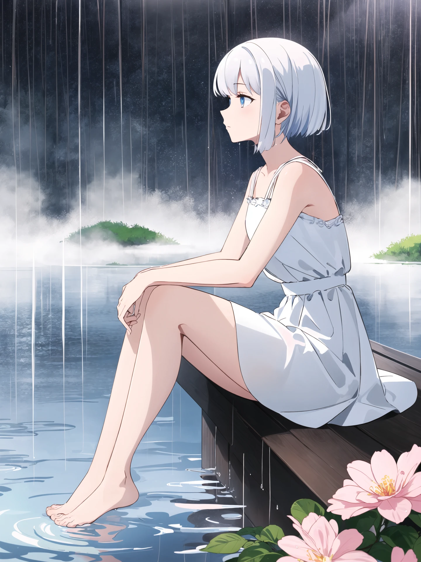 masterpiece, best quality, 1girl, solo, looking away, expressionless, from side, white dress, colorful, floral background, rain, lake, fog, barefoot, sitting on water, from top,