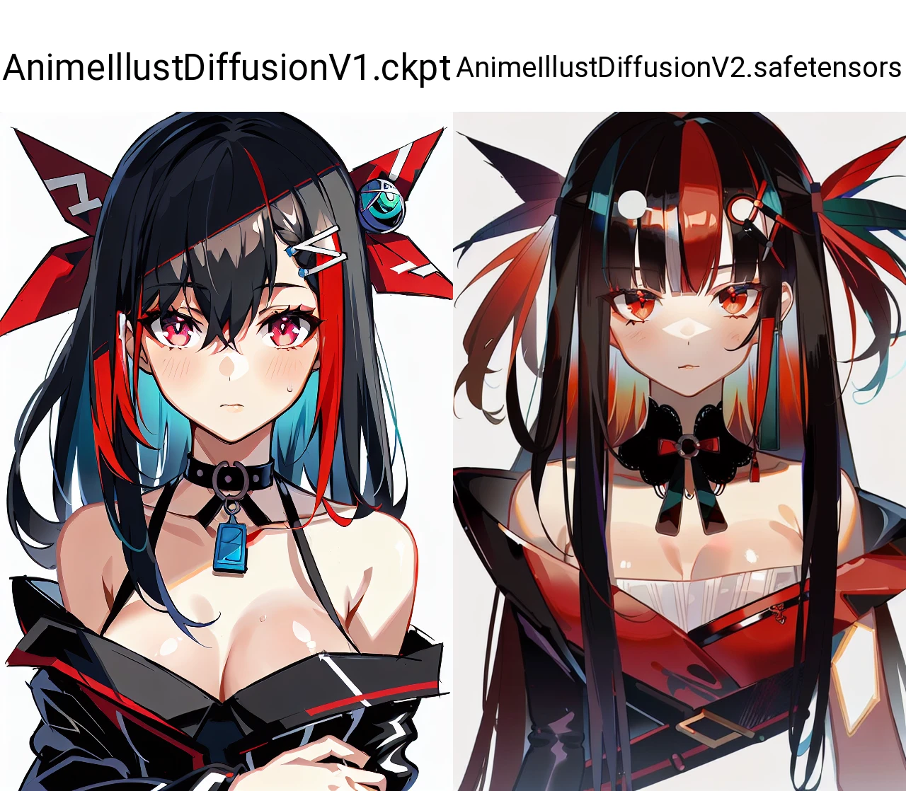 by ask, 1girl, black hair, streaked hair, multicolored hair, virtual youtuber, red hair, hair ornament, solo, long hair, simple background, looking at viewer, breasts, white background, upper body, bangs
