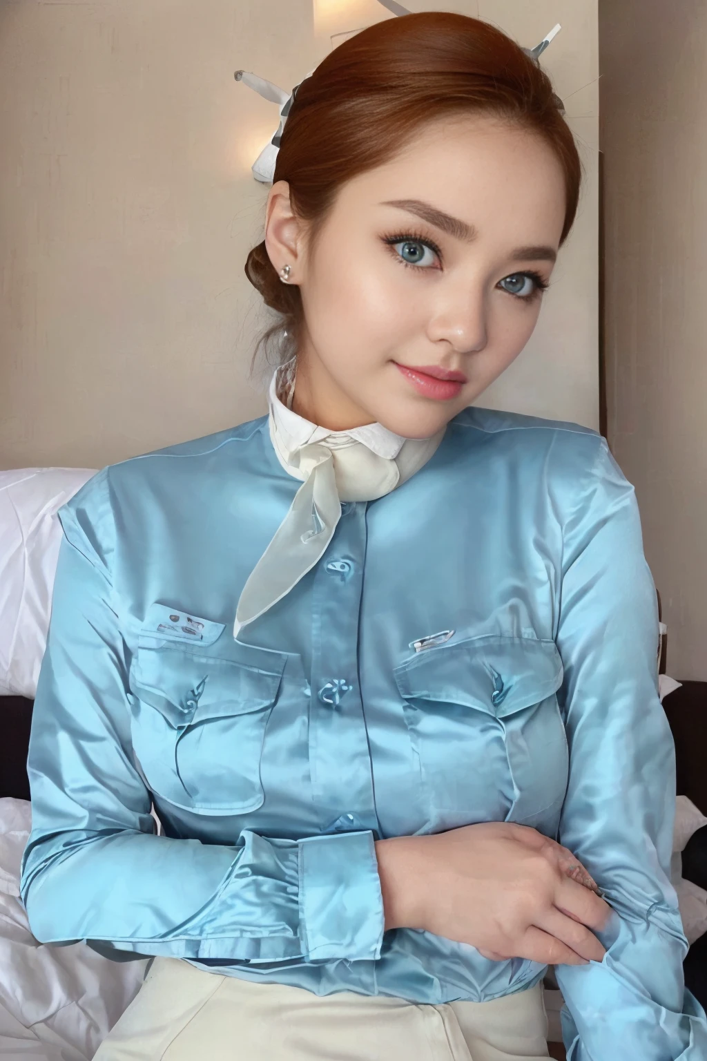 Portraits, Fullbody, Beautiful light, soft light, cinematic light, perfect eyes, (looking at camera:1.0) american, long grey hair, blue eyes, blue_long sleeve_koreanair uniform, <lora:KoreanAir Uniform:0.85>,