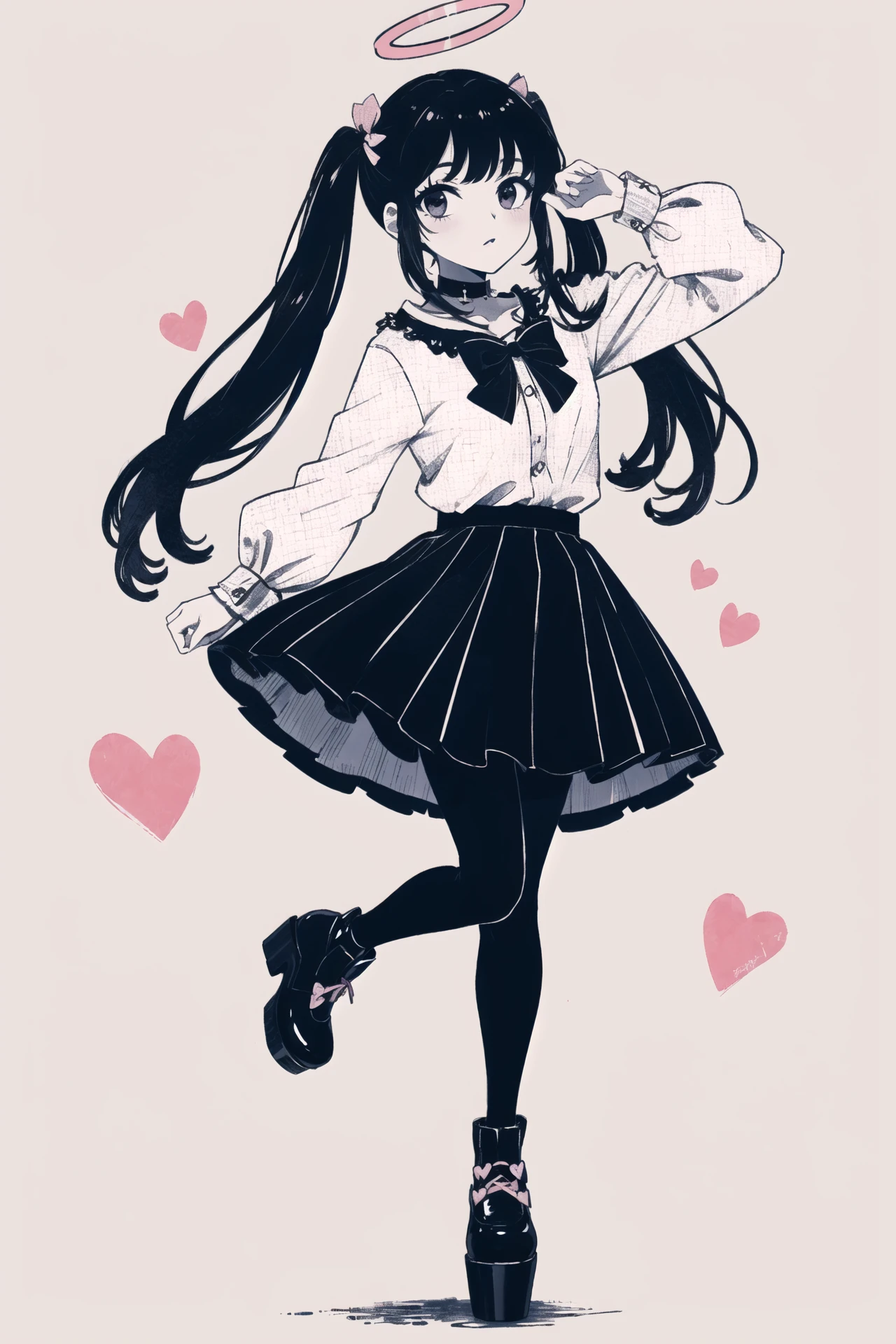 masterpiece, best quality, 1girl, solo, long_hair, looking_at_viewer, bangs, skirt, shirt, black_hair, long_sleeves, bow, ribbon, twintails, hair_bow, heart, pantyhose, frills, shoes, choker, blunt_bangs, black_skirt, pink_eyes, halo, pink_background, frilled_skirt, pink_bow, fishnets,pink_shirt, fishnet_pantyhose, platform_footwear, pink_theme, pill, jirai_kei, monochrome