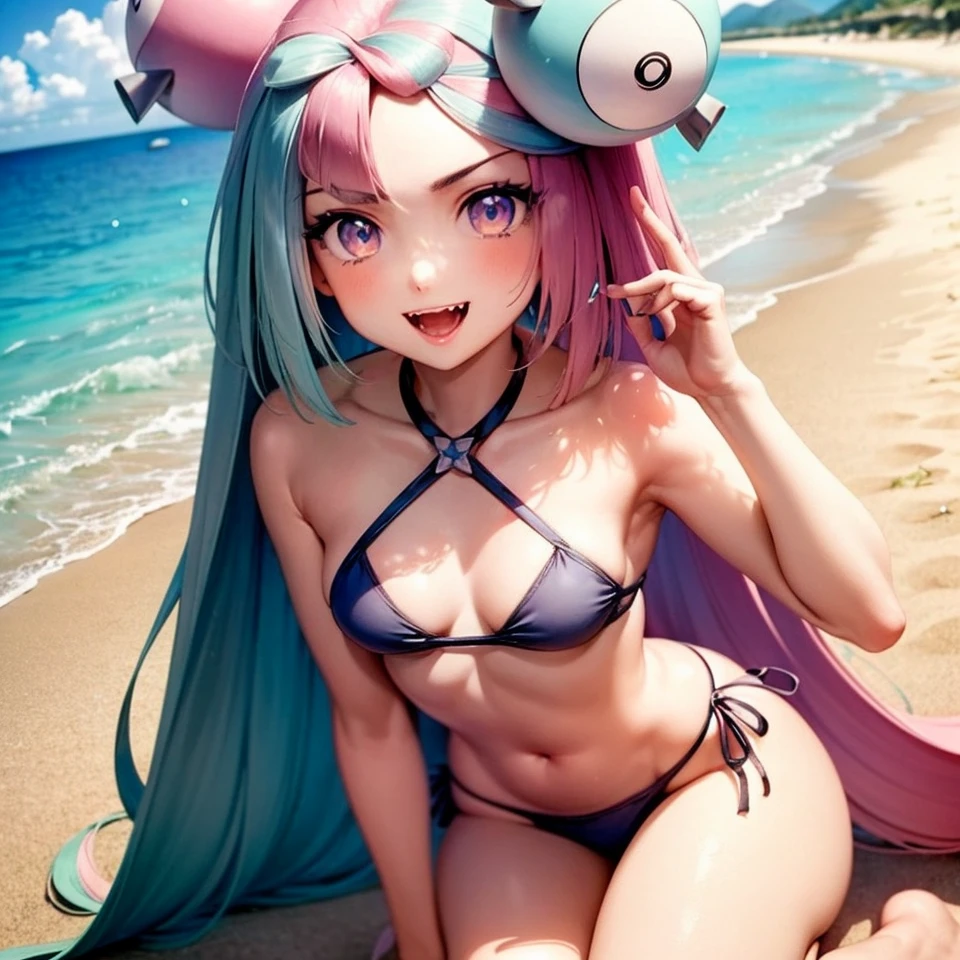 iono,cute,big eyes,(iono),beautiful,masterpiece, best quality, extremely detailed face,smile,happy,open mouth,fangs,side-tie bikini,(small breasts:1.3),perfect lighting, beach,outdoors,sunny,(1girl:1.3), <lora:iono3:1>