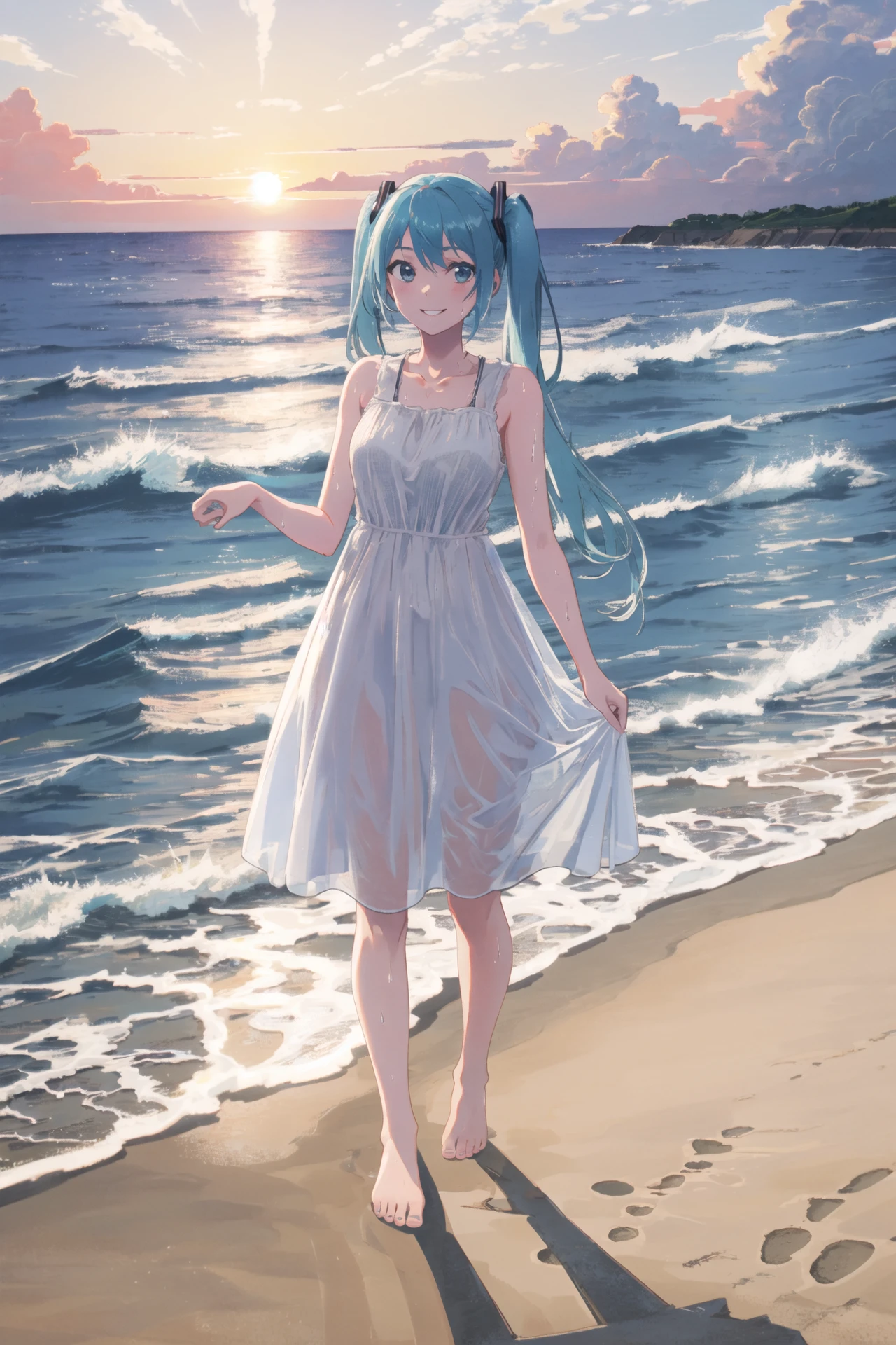 best quality, ultra high res, 1girl, hatsune miku, full body, scenery, smile, ocean, sunset, city, barefoot, footprints, sand, white dress, wet clothes,