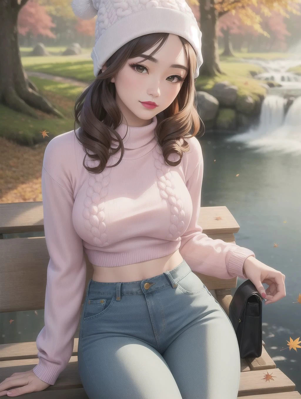 solo, masterpiece, best quality, perfect face, medium shot of a beautiful Japanese girl in an autumn forest leaning back on a park bench, pink lipstick, lake with a beautiful waterfall, vivid autumn trees, surrounded by falling leaves, fit, curly brunette hair, (white beanie:1.2), (cropped knit sweater:1.2), (ripped skinny jeans)