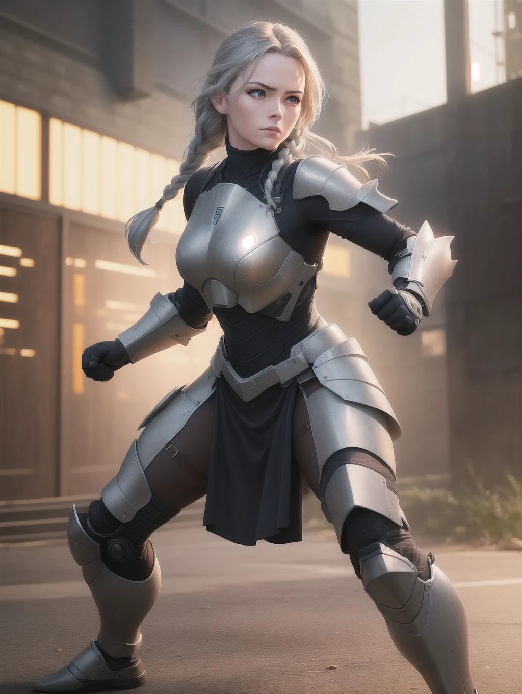 masterpiece, best quality, (photorealistic:1.9), beautiful lighting, (extremely detailed CG unity 4k fhd wallpaper), realistic, High Detail, Sharp focus, outdoors, science fiction, (((1girl, solo))), 18age, long hair, (grey hair), metal armored dress, braids, full body, hiqcgbody, power armor, fighting stance, fighting, wing hair ornament