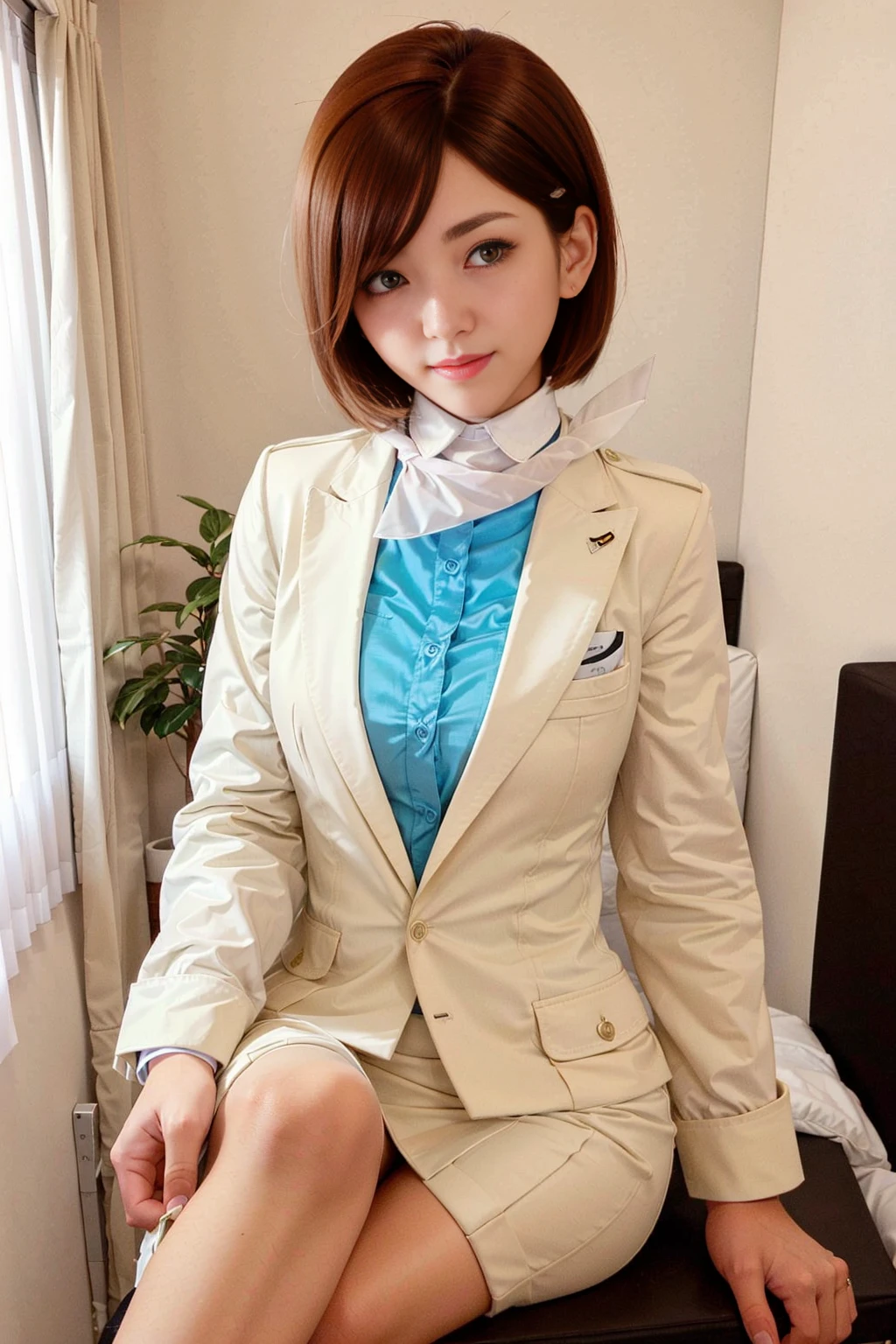 Portraits, Beautiful light, soft light, cinematic light, perfect eyes, (looking at camera:1.0), a 25yo woman,american, red hair, short hair, blue_koreanair uniform_with ivory suit, <lora:KoreanAir Uniform:1>,