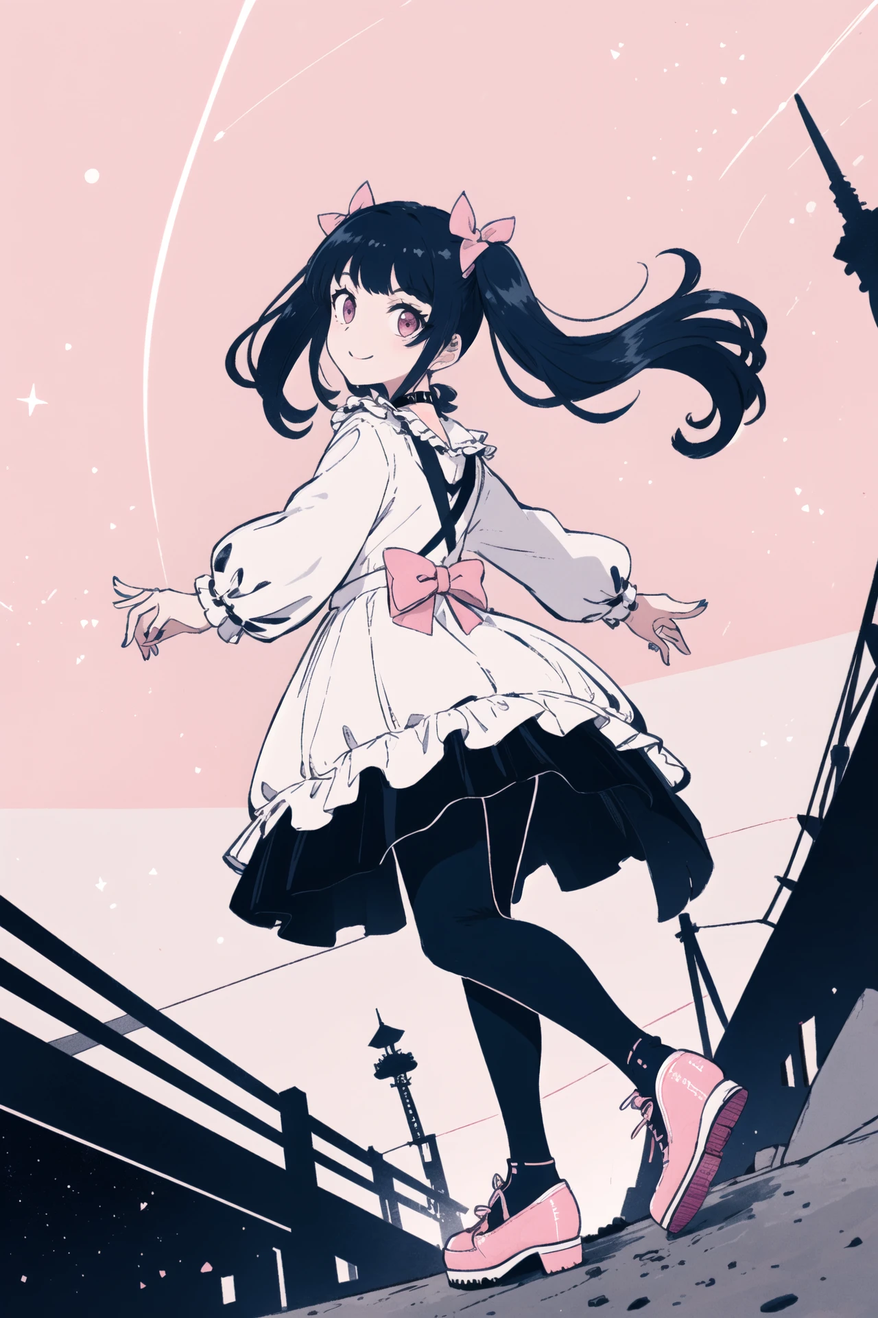 masterpiece, best quality, 1girl, solo, long_hair, from top, light smile, panorama, perspective, looking_at_viewer, bangs, skirt, shirt, black_hair, long_sleeves, bow, ribbon, twintails, hair_bow, heart, pantyhose, frills, shoes, choker, blunt_bangs, black_skirt, pink_eyes, frilled_skirt, pink_bow, platform_footwear, pink_theme, jirai_kei, full body, night, street, from behind, looking back, skyscraper, neon trim, panorama, perspective, starry sky, black theme, dark, shadow, ligne claire, lineart