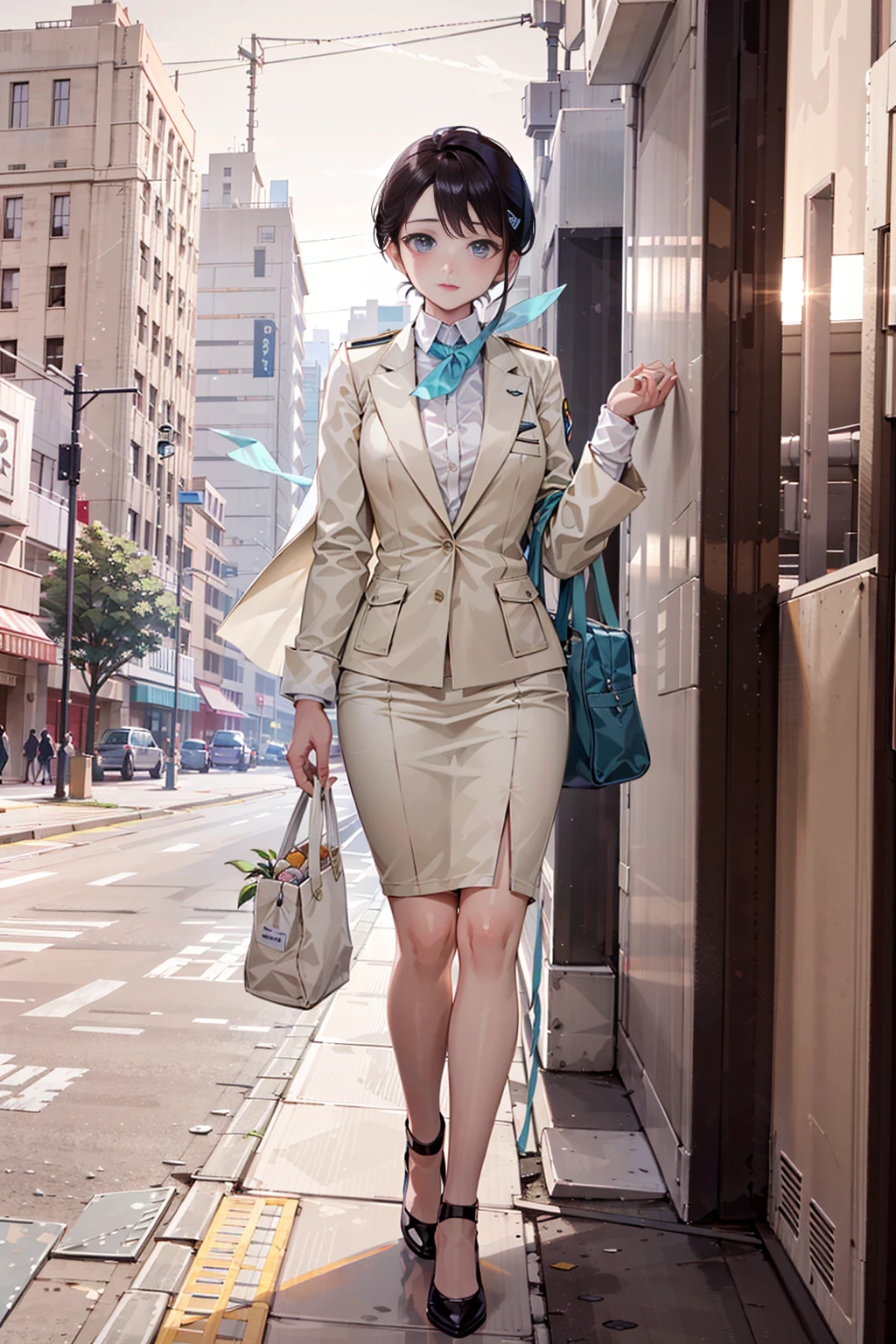 fullbody shot, Beautiful light, soft light, cinematic light, perfect eyes, a 25yo woman, white_KoreanAir_Uniform_with_ivory_suit, <lora:KoreanAir Uniform:0.85>, ((city background))