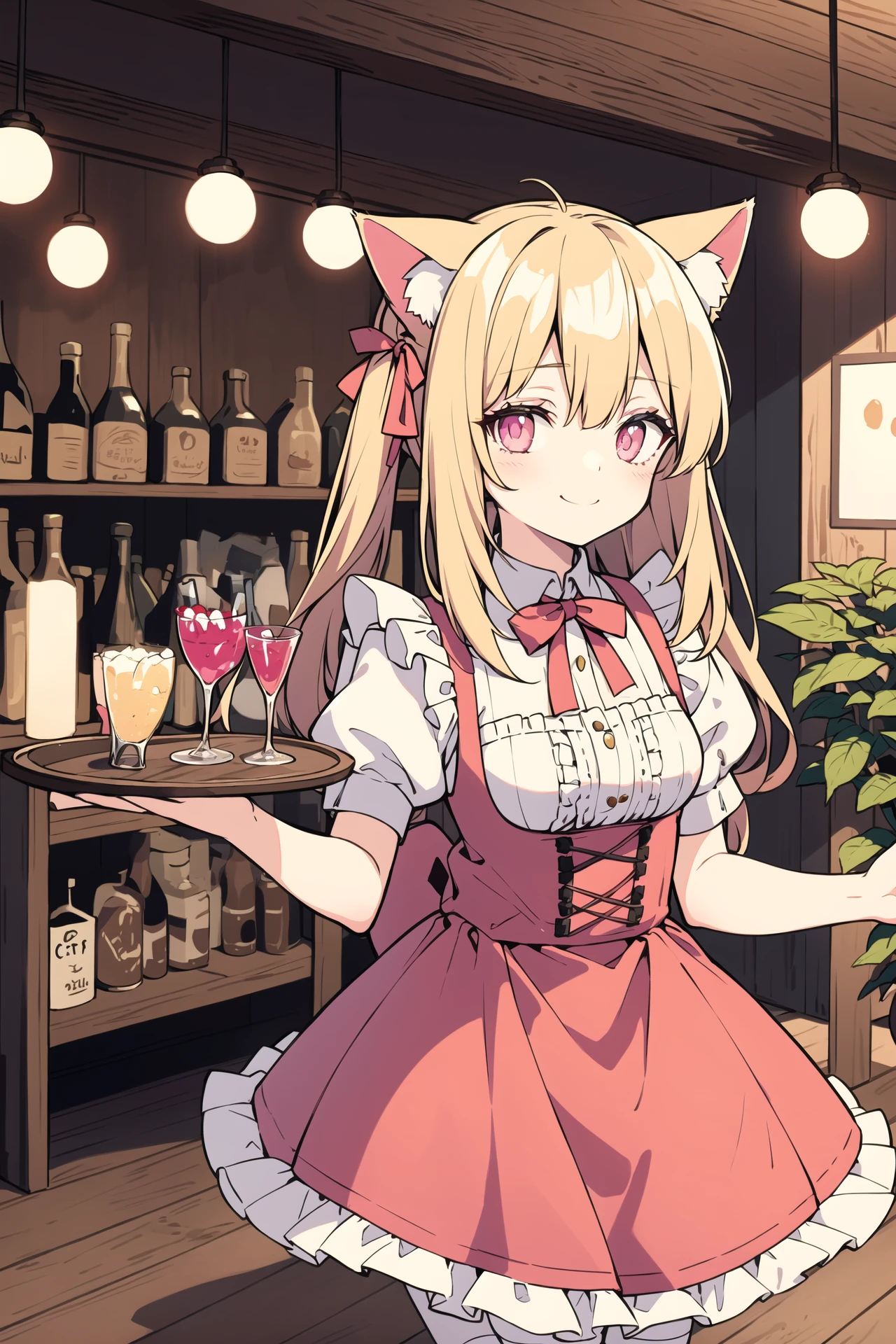 masterpiece, best quality, ultra-detailed, original characters, portrait of a young catgirl maid smiling with cute pink eyes, long blonde hair with cat ears and pink ribbon, pink and white maid outfit with lace and frills, short skirt showing white stockings and garters. Background is a tavern setting with wooden tables and chairs covered with red tablecloths and cushions, barrels and bottles of various drinks on the shelves and the floor, candlelight creating a warm glow on the walls and the ceiling, (holding a tray with drinks: 1.05), (cat tail swinging behind her: 1.1)