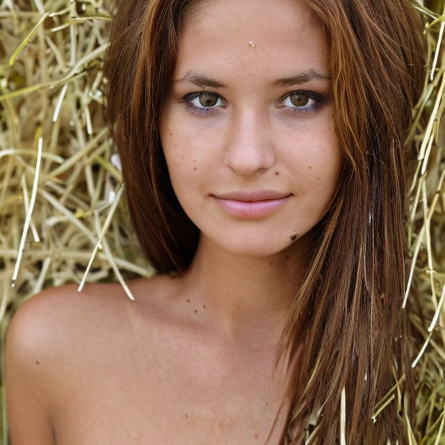 Bérénice Marlohe with ponytail hair on a farm completely naked and smiling