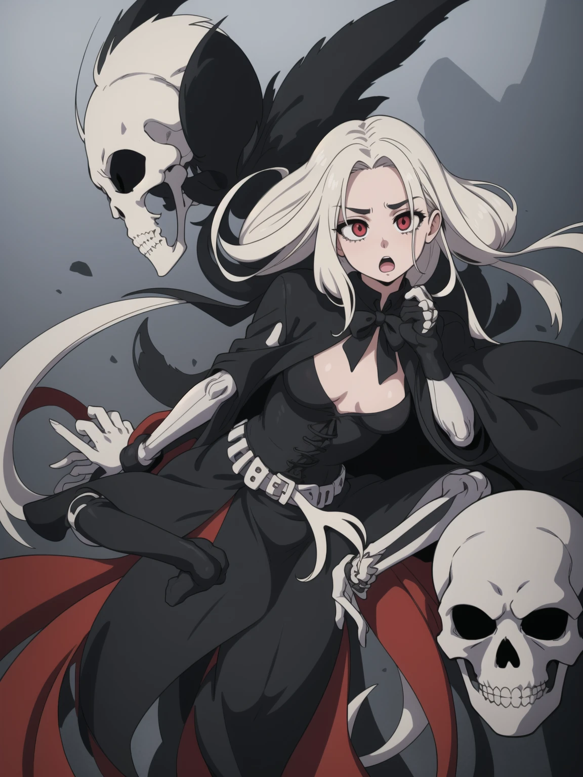 girl,cemetery, goth,corset,dynamic_pose,surprised,(skeleton:1.2),eyeliner,necromancer,aura,dark,wind,flat_chest ,(masterpiece,vibrant,detailed,highres:1.2)