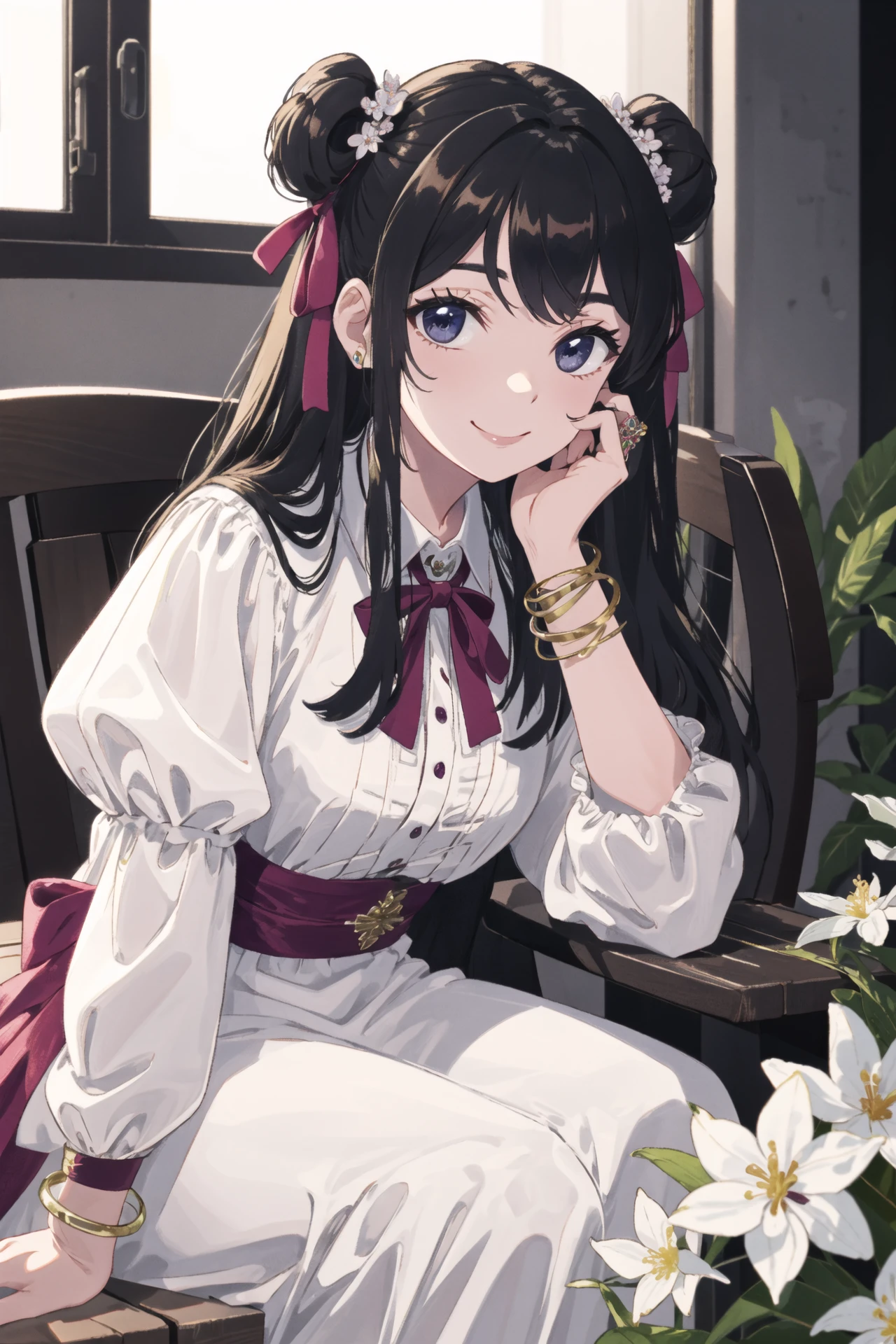 masterpiece, best quality, 1girl, solo, long_hair, looking_at_viewer, smile, dress, ribbon, jewelry, very_long_hair, hair_ribbon, flower, bracelet, two_side_up, hand_on_own_face, head_rest, hand_on_own_cheek