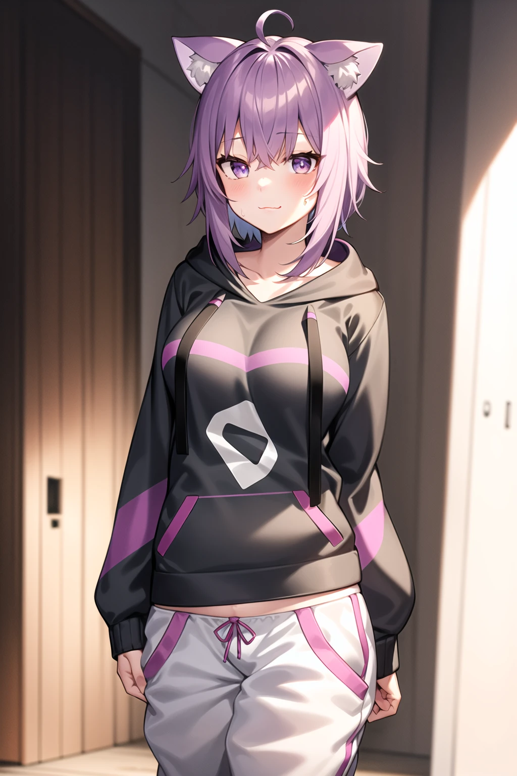 2d, masterpiece, best quality, anime, highly detailed face, highly detailed eyes, highly detailed background, perfect lighting, full body, cowboy shot, 1girl, nekomata okayu, standing, hoodie, white pants, sweatpants, :\3, straight-on, indoors, comforting, onigiri, breasts <lora:okayu-20:1>