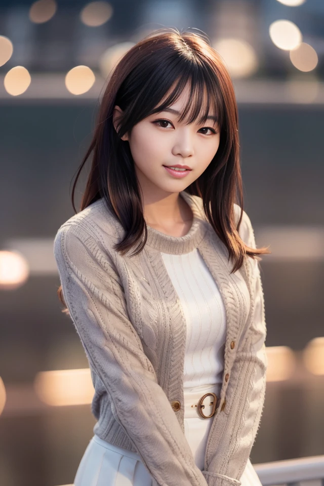 japanese, (skin blemish:1), (skindentation), black eye, 1woman, 25yo, (((woman))), solo, realistic, best quality, photorealistic, masterpiece, 8k, high res, solo, extremely detailed face, (professional lighting, bokeh), (light particles, lens flare, glowing particles:0.6), (dynamic pose:1.2), soft lighting, top angle view, fashionable and trendy atmosphere, japan, harbour, city, ((daytime)), ((looking at the viewer)), (looking at the camera),(portrait:0.6), cowboy shot, gorgeous, walking, keep original facial proportion, wide shoulder, full body, (small breast), (medium hair), brown hair, floating hair, lips, lipstick, seductive smile, floating hair, smile, teeth, (sweater), (jacket), (skirt), <lora:NishinoN:0.7>