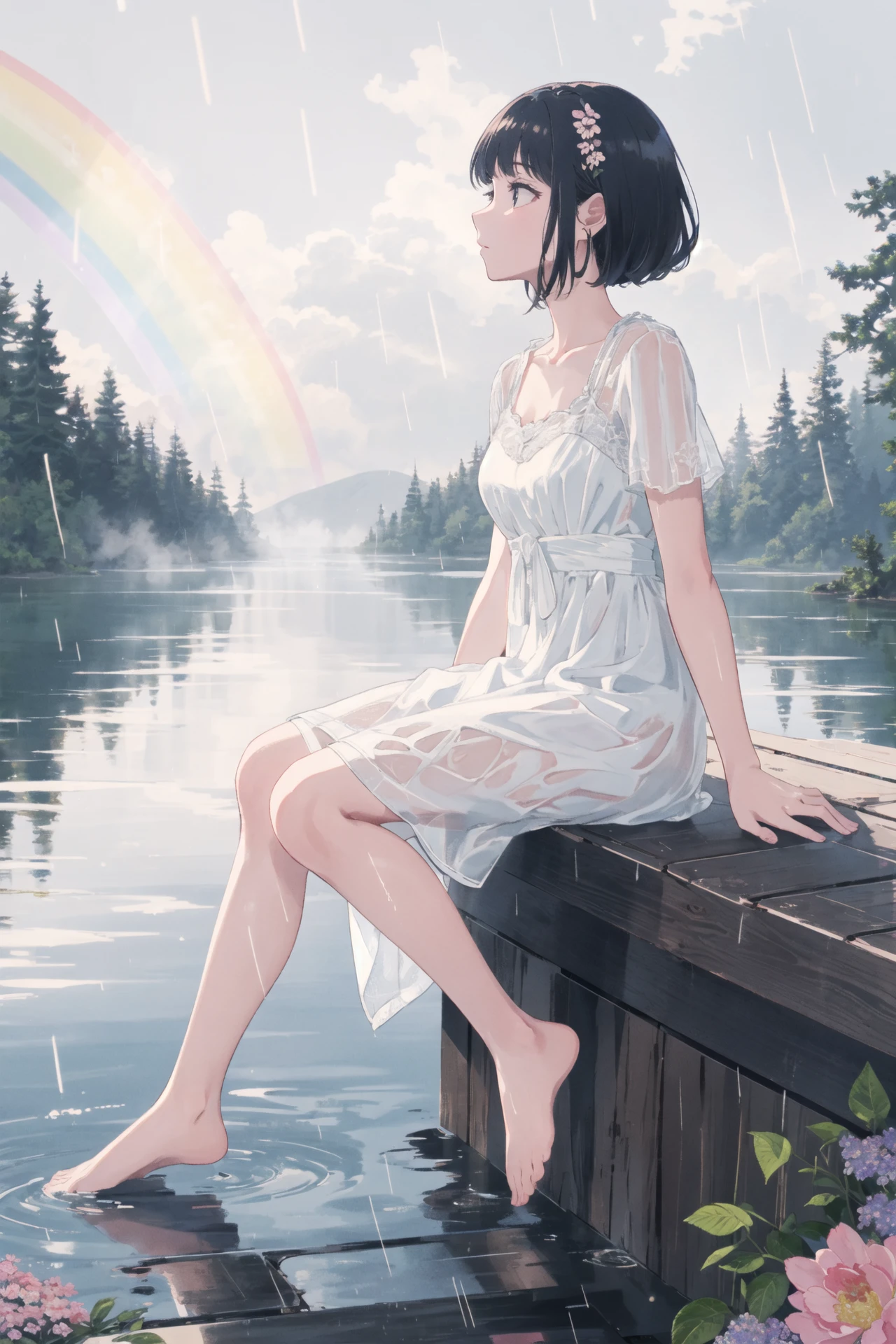 masterpiece, best quality, 1girl, solo, looking away, expressionless, from side, white dress, colorful, floral background, rain, lake, fog, barefoot, sitting on water, from top, rainbow