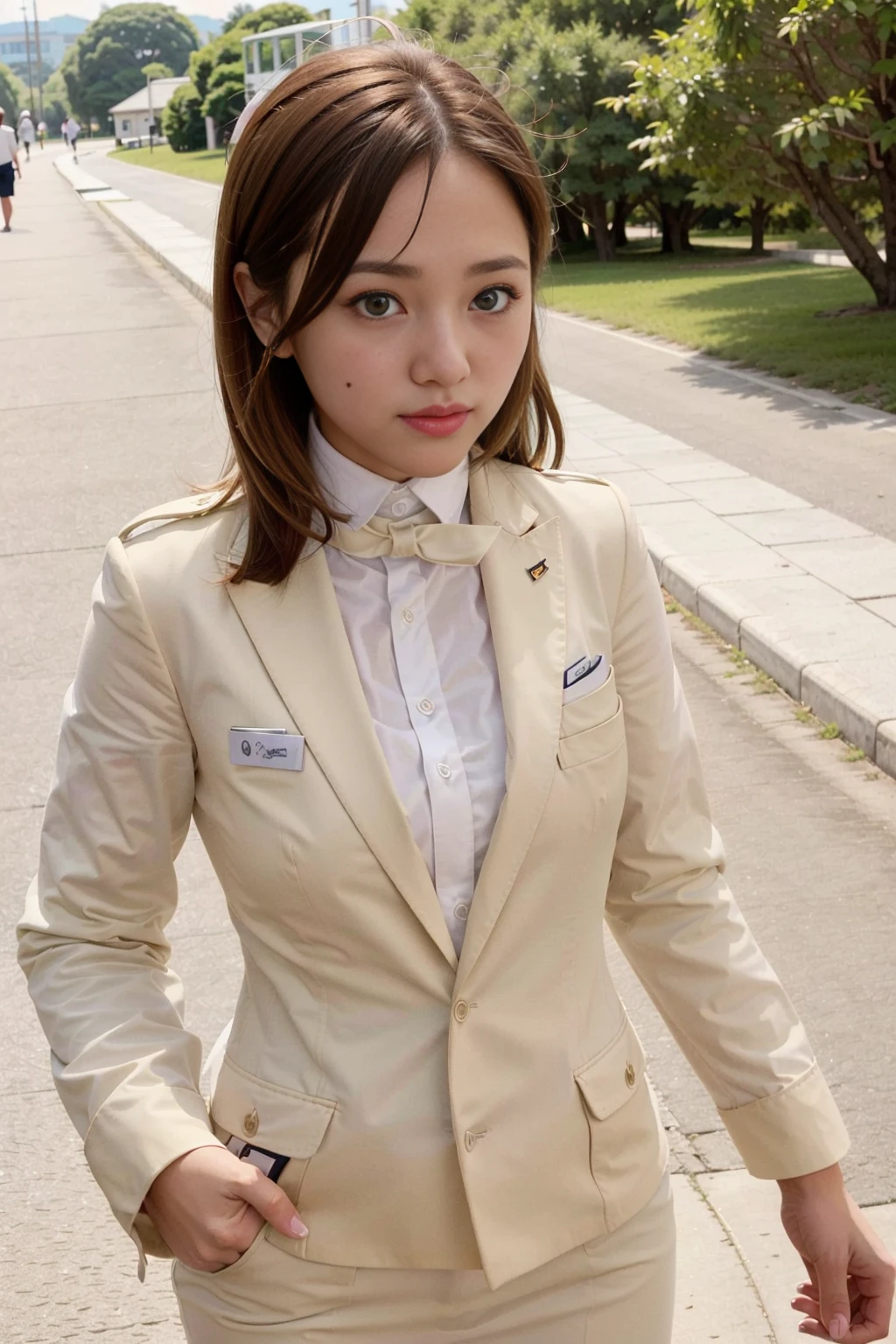 Portraits, Beautiful light, soft light, cinematic light, perfect eyes, (looking at camera:1.0), a 25yo woman,((british)), brown hair, long hair, White_KoreanAir_Uniform_with_ivory_suit, <lora:KoreanAir Uniform:0.85>, ((walking in the park))