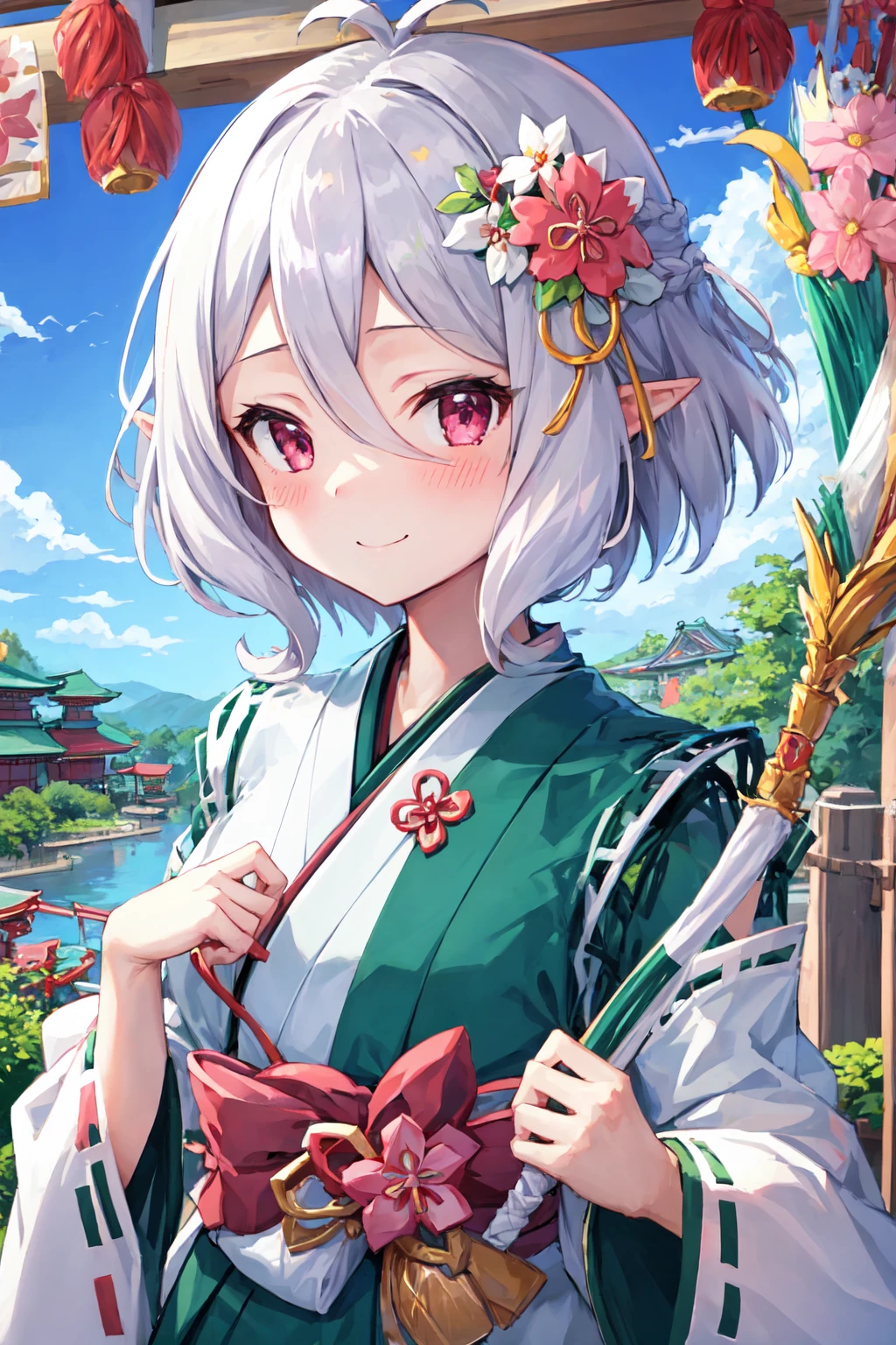 masterpiece, best quality, ultra-detailed, 1girl, blush, closed mouth, flower, green kimono, hair between eyes, hair flower, hair ornament, japanese clothes, kimono, kokkoro, long sleeves, miko, obi, pink flower, red flower, sash, short hair, smile, solo, split mouth, upper body, white flower, white kimono <lora:kokkoro_v1:1>