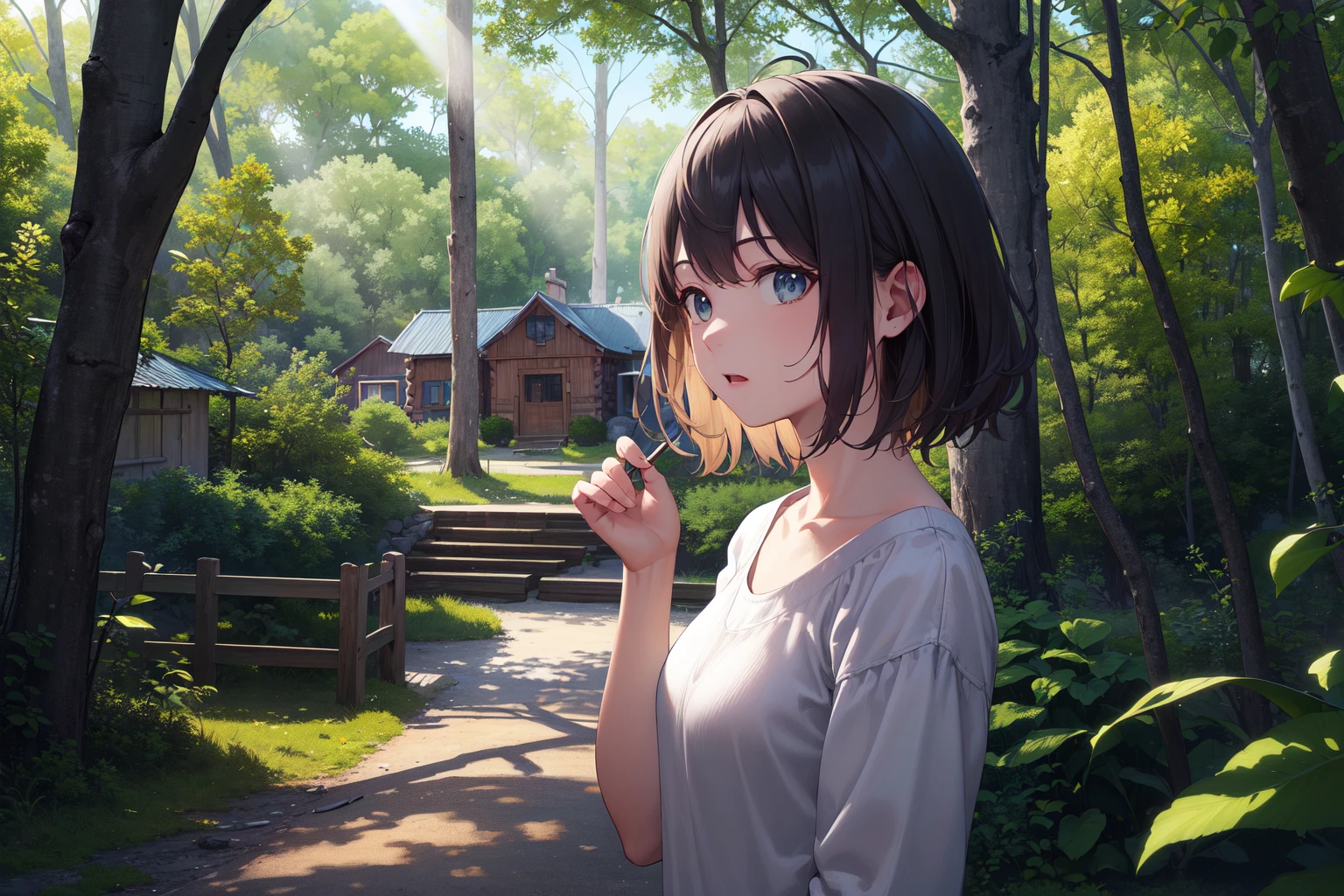 (Masterpiece, Best Quality, High Quality, Highres:1.4), Detailed, Extremely Detailed, Ambient Soft Lighting, 4K, (Extremely Detailed Eyes Face and Skin:1.2), (Desaturated:1.2),

Outdoors, Moubtains Background, Blue Sky, (Sunbeam:1.2), Nature, Forest, Rock, Wooden House, (Log Cabin:1.2),

1Girl, (Solo:1.4), Upper Body, Standing, Floating Hair,