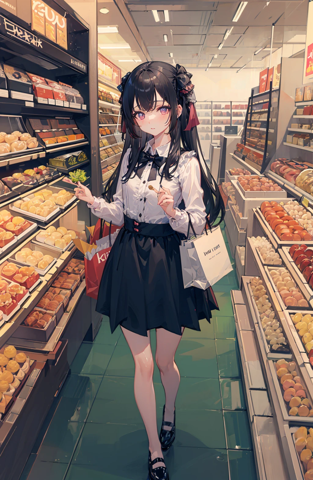 (masterpiece, best quality:1.3),
full body,small breast,
1 young girl, jirai fashion ,black hair, long hair, looking at viewer,
<lora:jirai:0.8>,
shop, food,shelf,