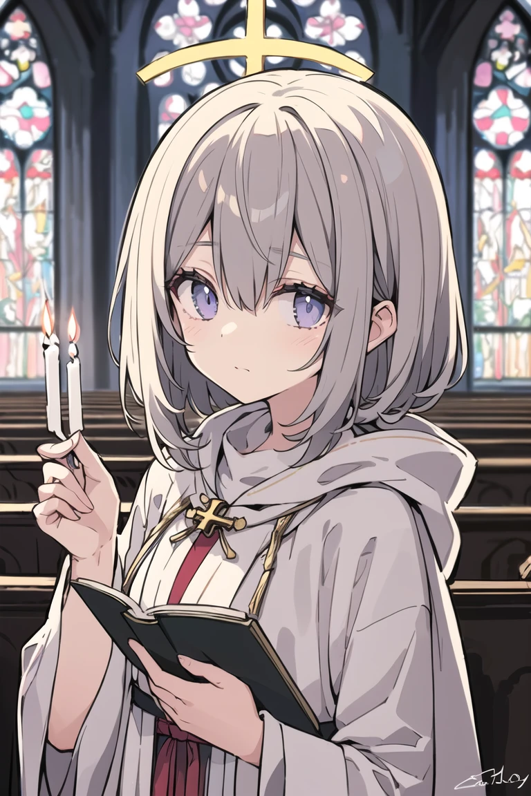 masterpiece, (best quality), (ultra-detailed:1.4), original characters, depth of field, solo focus, portrait of a li angel wearing a white mage robe standing in a church, soft delicate beautiful attractive face with expressive purple eyes, short wavy silver hair with angel wings and a halo, long white mage robe with gold trim and a hood (partially visible: 1.05), church background with stained glass windows and wooden pews (blurred: 1.2), (a cross hanging on the wall: 1.25), (a candle stand with lit candles: 1.3), her holding a book