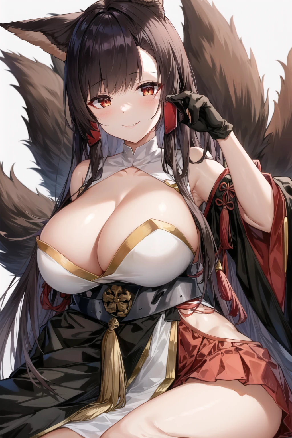 masterpiece, best quality, AkagiV4, azur lane, akagi (azur lane), 1girl, animal ears, black hair, black kimono, breasts, brown hair, brown tail, fox ears, fox girl, fox tail, gloves, japanese clothes, kimono, kitsune, large breasts, long hair, looking at viewer, multiple tails, red eyes, smile, tail, <lora:AkagiV4-10:0.8>