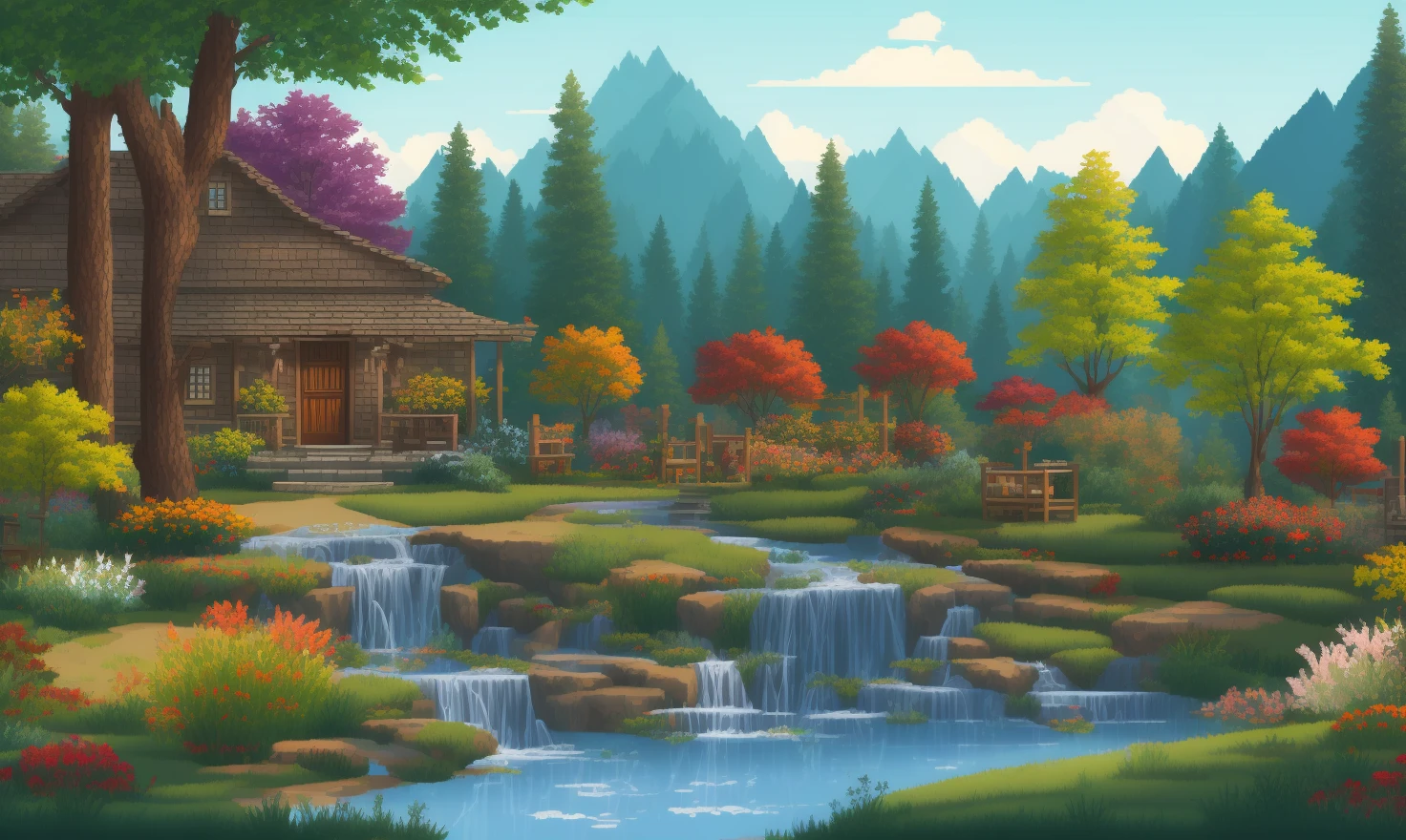 pixelart  Generate an image of a beautiful and serene garden, with colorful flowers, gentle streams, and the sounds of nature. Show the tranquility, the life, and the beauty of a perfect day.