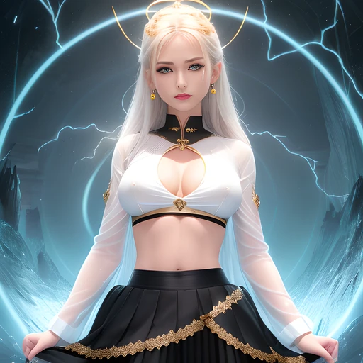 ultra realistic 8k cg, picture-perfect face, flawless, clean, masterpiece, professional artwork, famous artwork, cinematic lighting, cinematic bloom, perfect face, beautiful face, beautiful eyes, (black gold angle halo),((small waist,mature,medium ass,big breast)),gorgeous queen, royal, divine, goddess, godlike, fantasy, dreamlike, unreal, science fiction, wet, sweat,detailed laces,white long sleeved crop top,(black skirt,gold details), green-blue eyes, shiny eyes, (background, fantasy, water,portal,lightning), sexy, charming, alluring, seductive, erotic,water diamond earrings,enchanting, cleavage,