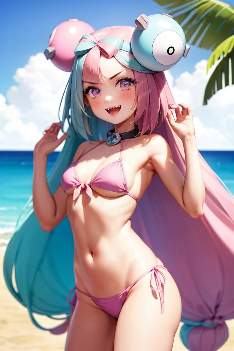 iono,cute,big eyes,(iono),beautiful,masterpiece, best quality, extremely detailed face,smile,happy,open mouth,fangs,(pink side-tie bikini:1.2),(small breasts:1.3),perfect lighting, beach,outdoors,sunny,(1girl:1.3), <lora:iono3:1>