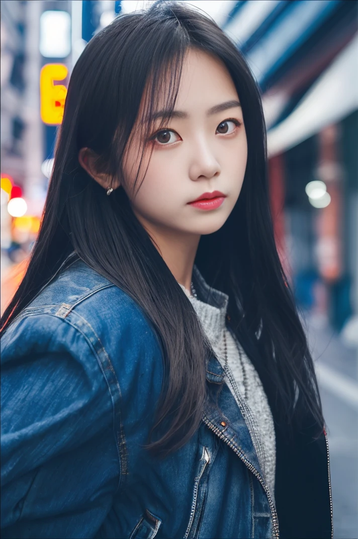 masterpiece, high quality, best quality, absurdres, 1 girl, depth of field, chinese-girl-v1.0 , cowboy-shot , looking at viewer, skinny face , closed mouth, blue jacket,cityscape,  street,  neon lights ,  <lora:chinese-girl-000008:0.0.8>