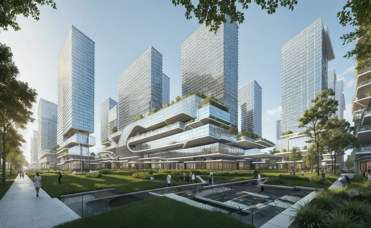 A stunningly realistic digital rendering of a modern urban commercial complex designed by renowned architectural firms such as SOM and OMA. The complex features pedestrian streets and exquisite shops, with modern architectural facades creating a sleek and sophisticated environment. The use of three-dimensional corridors and glass curtain wall towers adds to the overall futuristic feel of the scene, while realistic lighting and three-dimensional greenery create a sense of depth and vibrancy. The street planting is exquisitely detailed, adding a touch of natural beauty to the urban space. Rendered in high definition quality using 3D rendering software, the image is a breathtaking piece of urban design, strong contrast of light and shadow,  <lora:modernarchi15:0.3> <lora:urbanscene15:0.35>