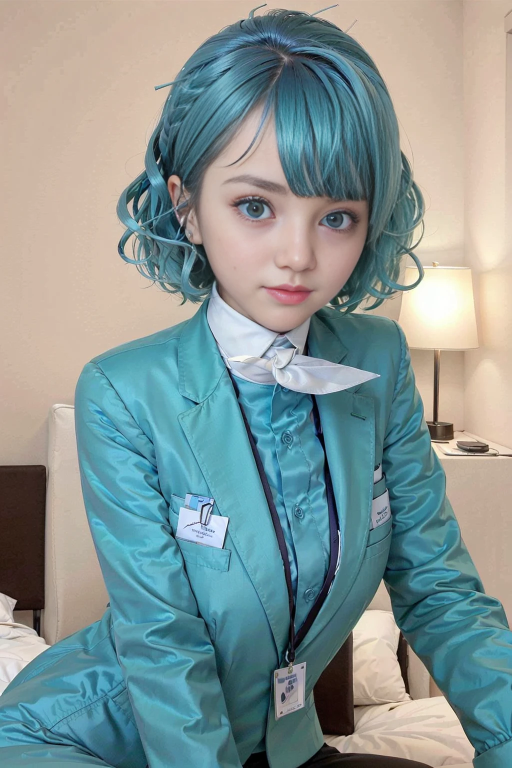 Portraits, Beautiful light, soft light, cinematic light, perfect eyes, (looking at camera:1.0), a 25yo woman,swedish, blue hair, curly hair, blue_koreanair uniform_with blue suit, <lora:KoreanAir Uniform:1>,