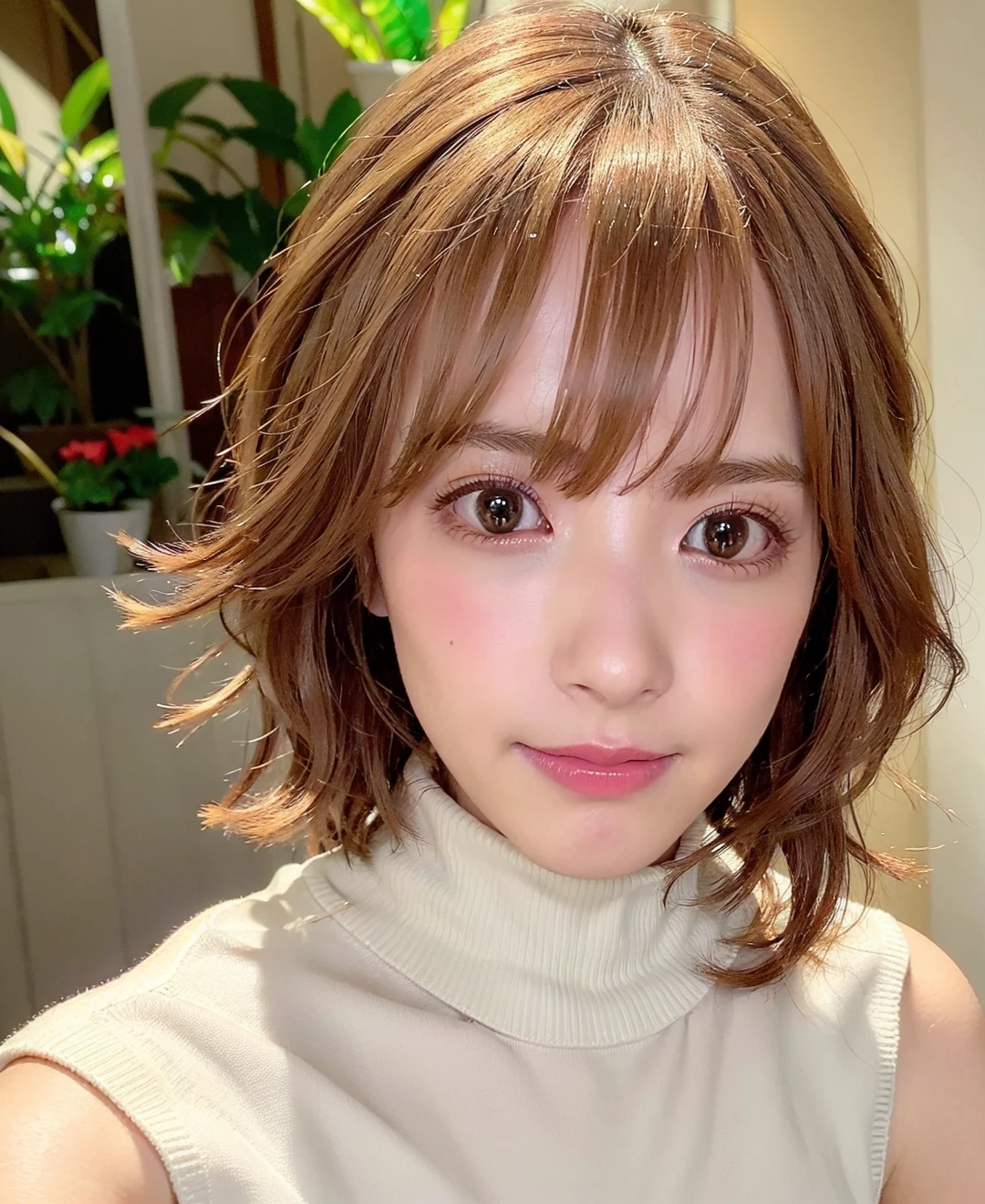 best quality, photorealistic, 8k, high res, 1girl, woman, (skindentation), (professional lighting), (portrait:0.6), (white sleeveless turtleneck sweater:1.62), (wavy brown hair), gorgeous, ((black hair)), (short straight hair:1.4), (flowing hair:1.6), (1girl eyes looking at viewer:1.6), ((looking at viewer:1.6)), (looking at the camera), photorealistic, (bokeh), (portait:0.6), (dynamic pose:1.2), masterpiece, intricate, realistic, sharp focus, award-winning photograph, sfw, (parted lips:0.4), smile, <lora:CO-B2-EP3-kana:0.81>