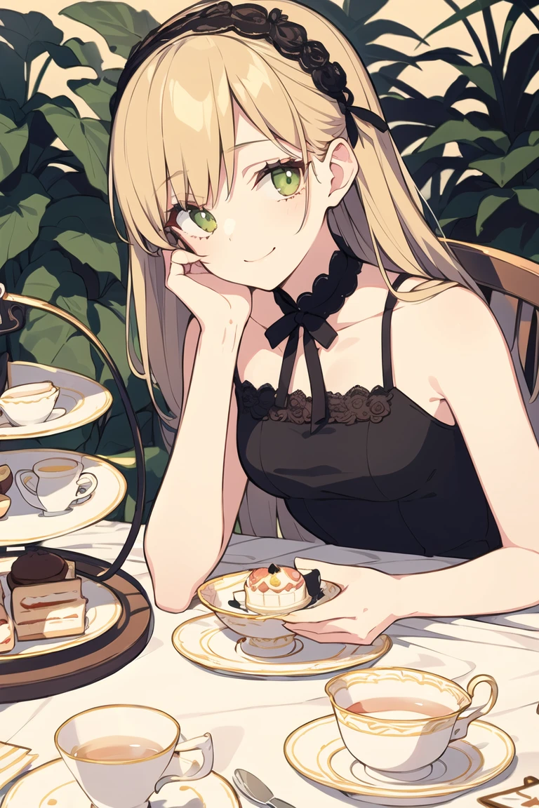 masterpiece, best quality, ultra-detailed, 1 girl sitting at a table, serene smile, beautiful green eyes, styled hair with a floral headband, wearing an elegant dress with lace details, holding a delicate teacup and saucer, surrounded by a charming tea party setting, (delicious-looking cakes and pastries on table: 1.05), (exquisite teapot and tea set: 1.1), (colorful flowers and foliage in the background: 1.15), (detailed perspective of table and surroundings: 1.2), (soft classical music playing in the background: 1.25), (pastel color palette with a touch of gold: 1.3), (aromatic fragrance of tea and flowers: 1.35), (dainty tea party accessories on the table: 1.4)