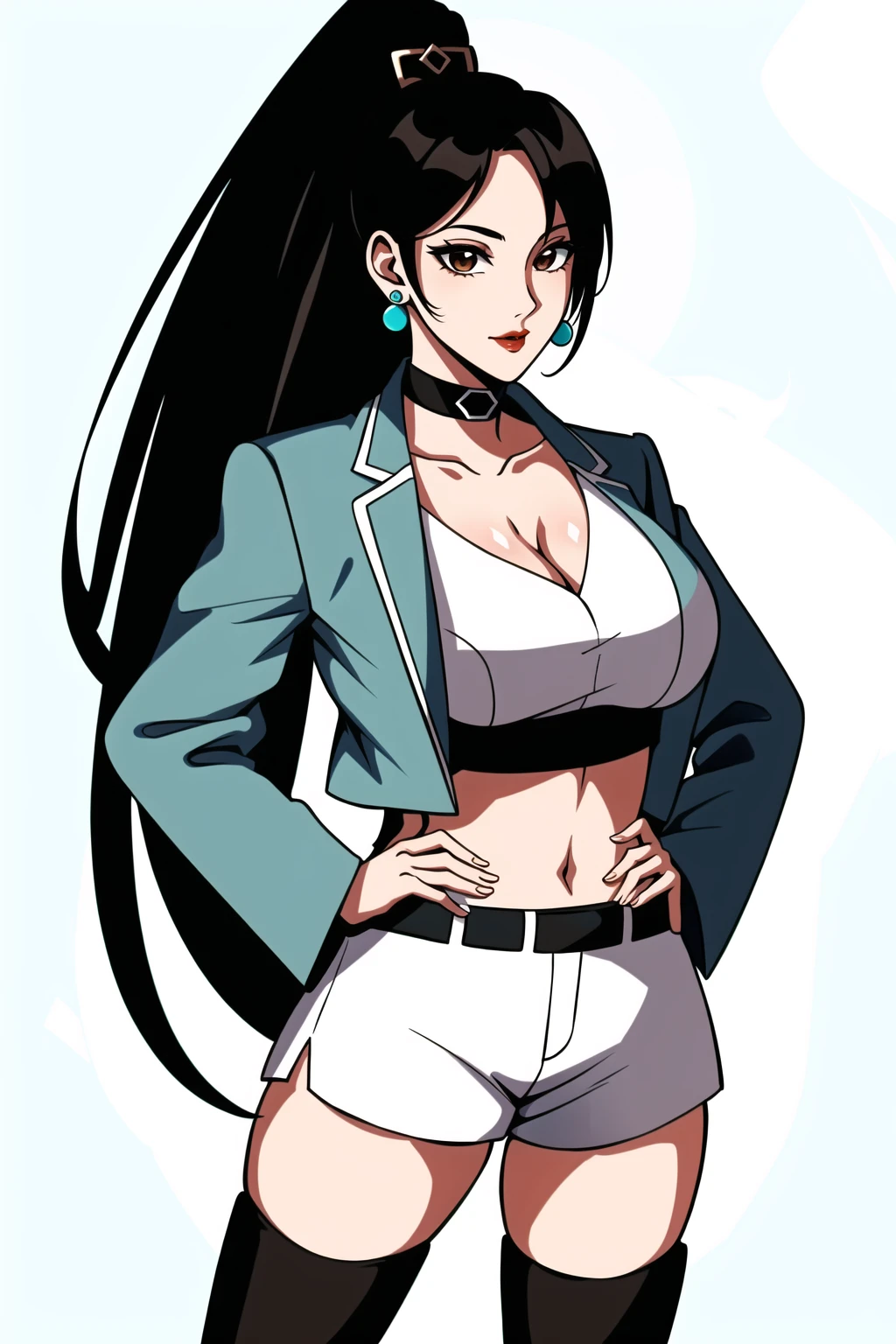 sage(valorant), 1girl, thighhighs, solo,cleavage, jewelry, brown eyes, shorts, ponytail, earrings,white crop top,choker, long hair, jacket, hand on hip,white booty shorts, makeup, black hair, lipstick, red lips, midriff,navel
<lora:sage:0.7>